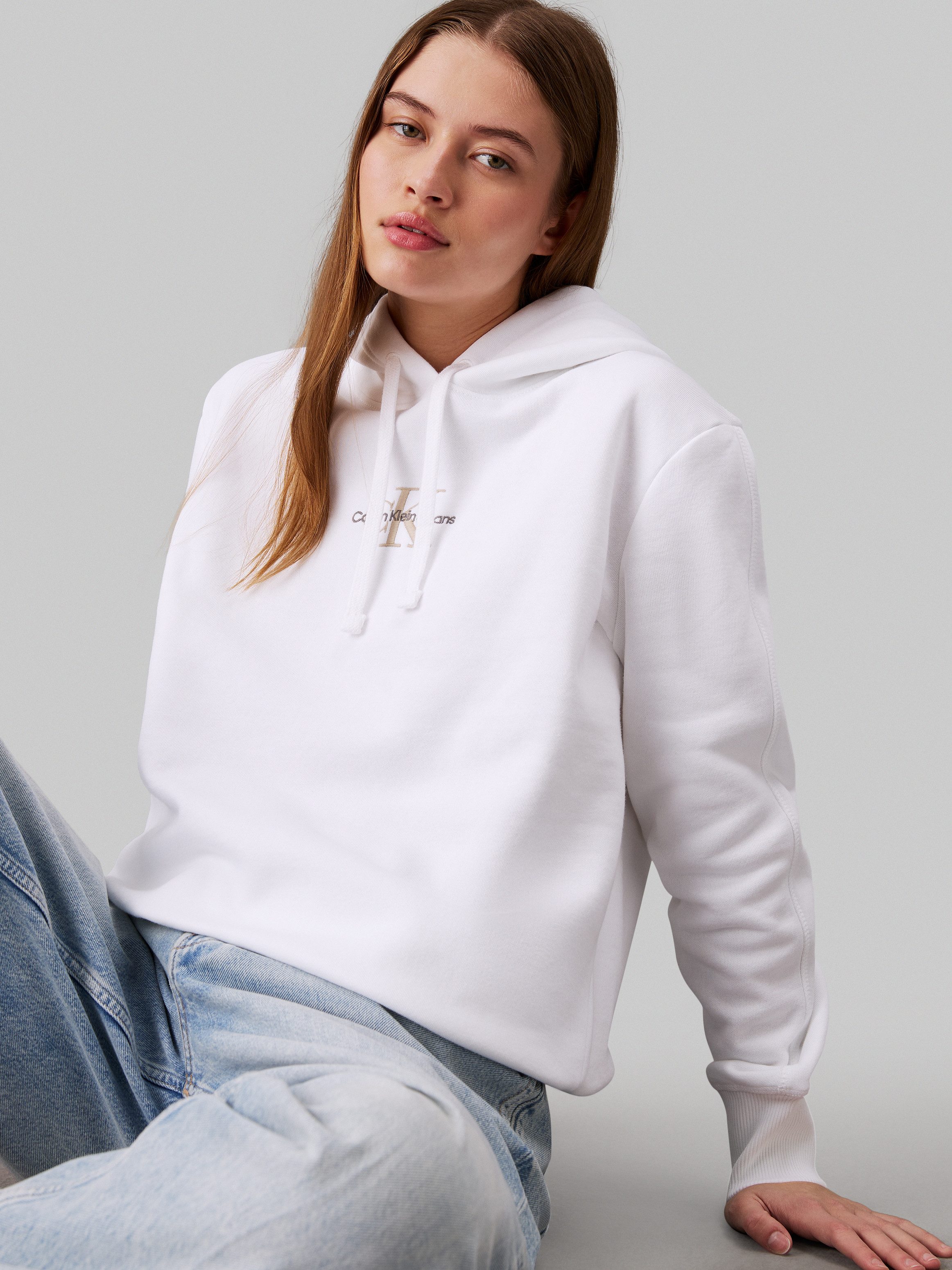 Calvin Klein Jeans Witte Hoodie Sweater Katoen Jersey Geborduurd Logo White Dames