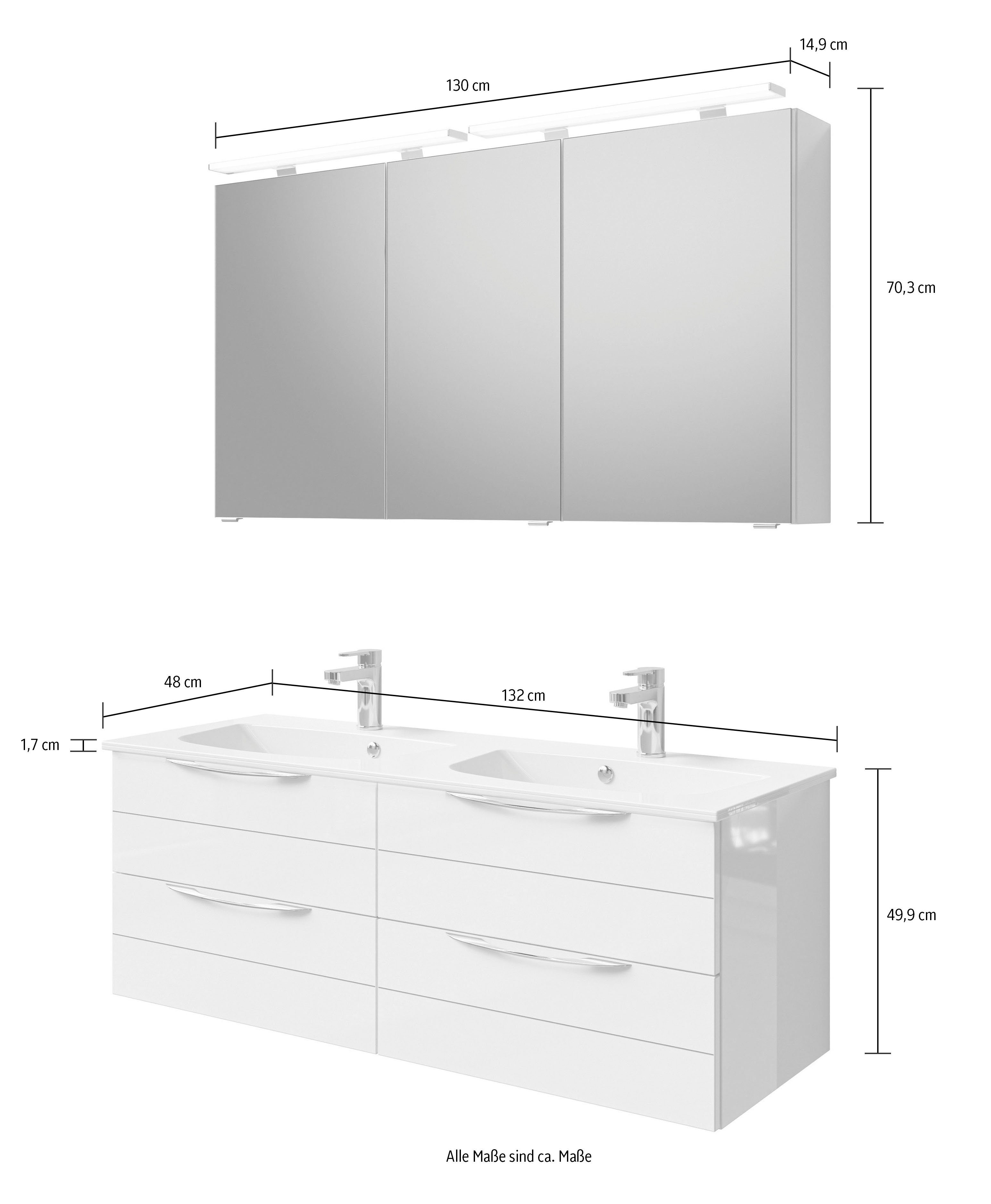 Saphir Badkamerserie Serie 6025 2-delig, mineraalmarmeren wastafel met led-spiegelkast Wastafelmeubel 132 cm breed, 4 laden, 2 spiegeldeuren, incl. deurdemper (2-delig)