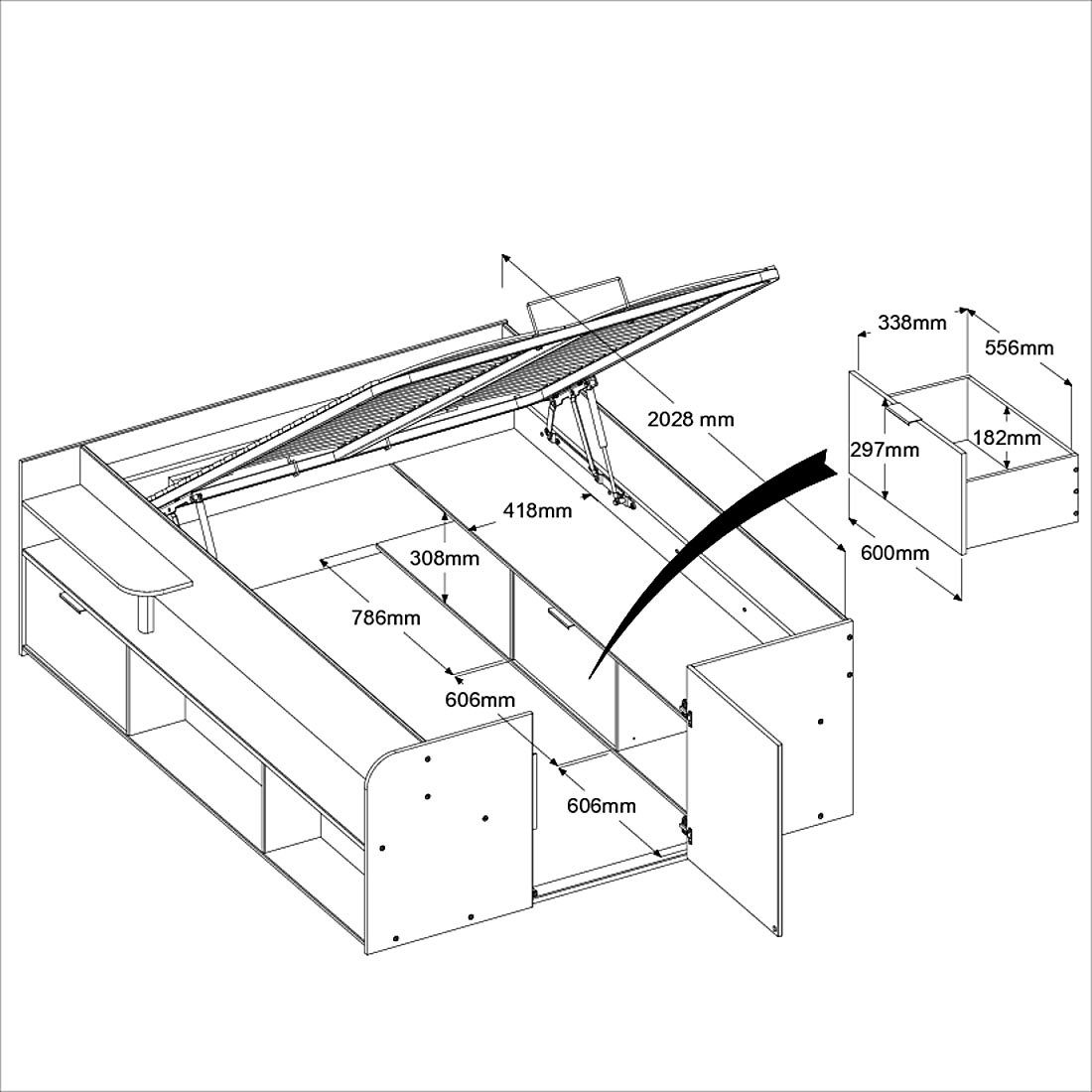 Parisot Ledikant met bergruimte Reis, maximale opbergruimte, zoals een inloopkast Opbergruimtes, hydraulische bedbox met planken, lade, deur