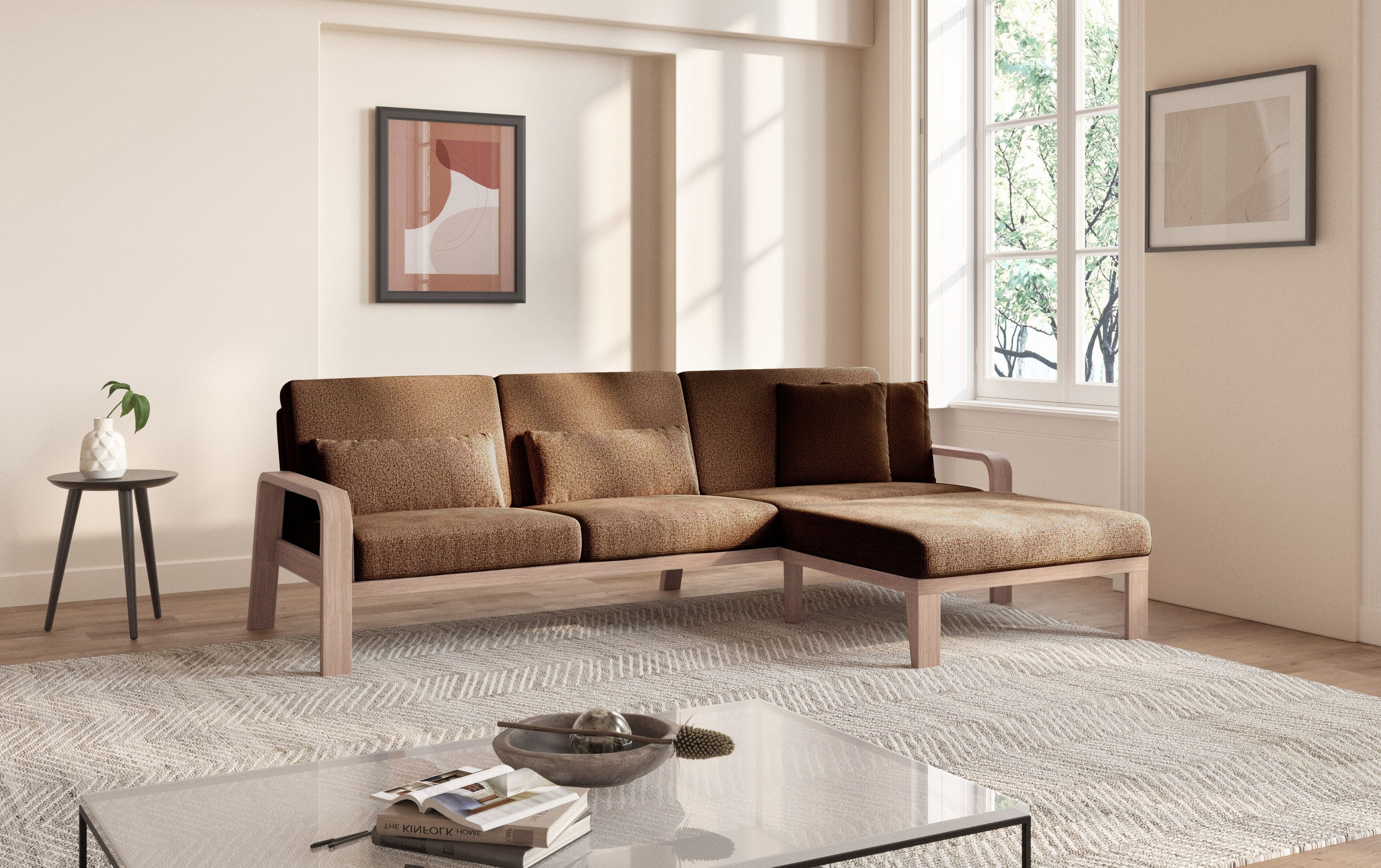 sit&more Hoekbank Kolding L-vorm Armleuningen van natuurlijk beukenhout, verschillende bekledingen en kleuren