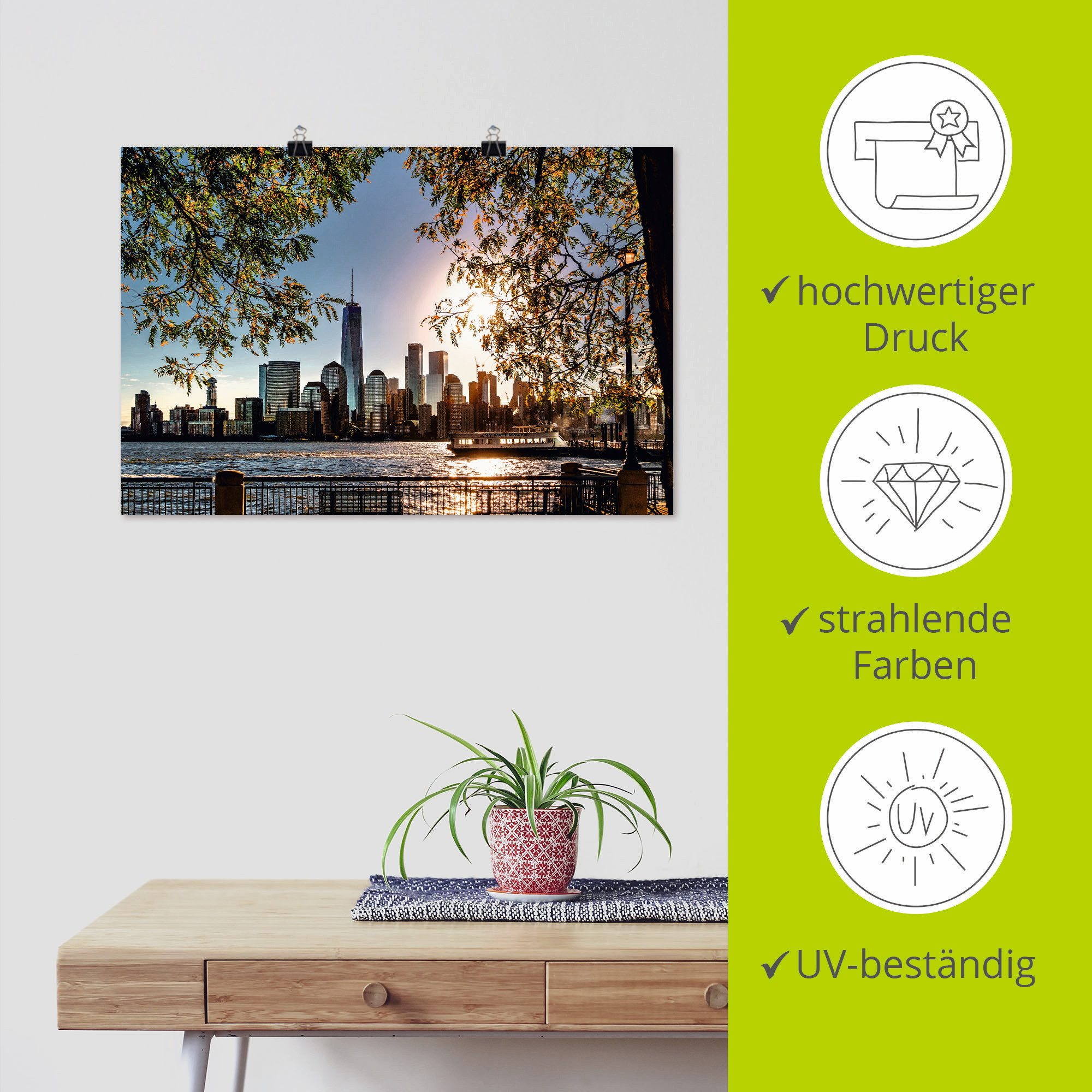 Artland Artprint Zonsopkomst boven New York als artprint van aluminium, artprint voor buiten, artprint op linnen, poster, muursticker