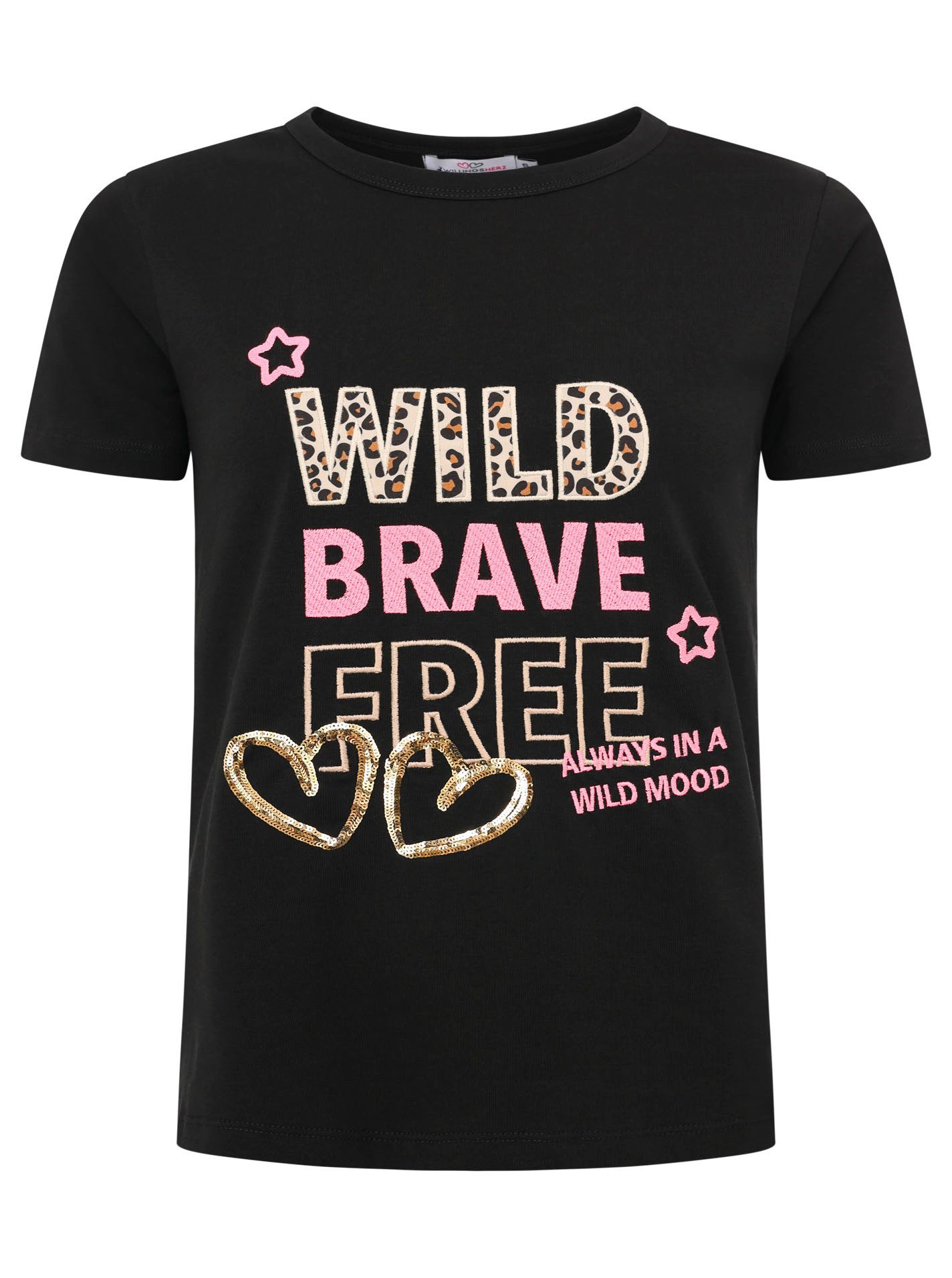 Zwillingsherz T-shirt Wild Brave Free met pailletten harten, borduursel en leo-details dames t-shirts maat SM (S/M) zwart