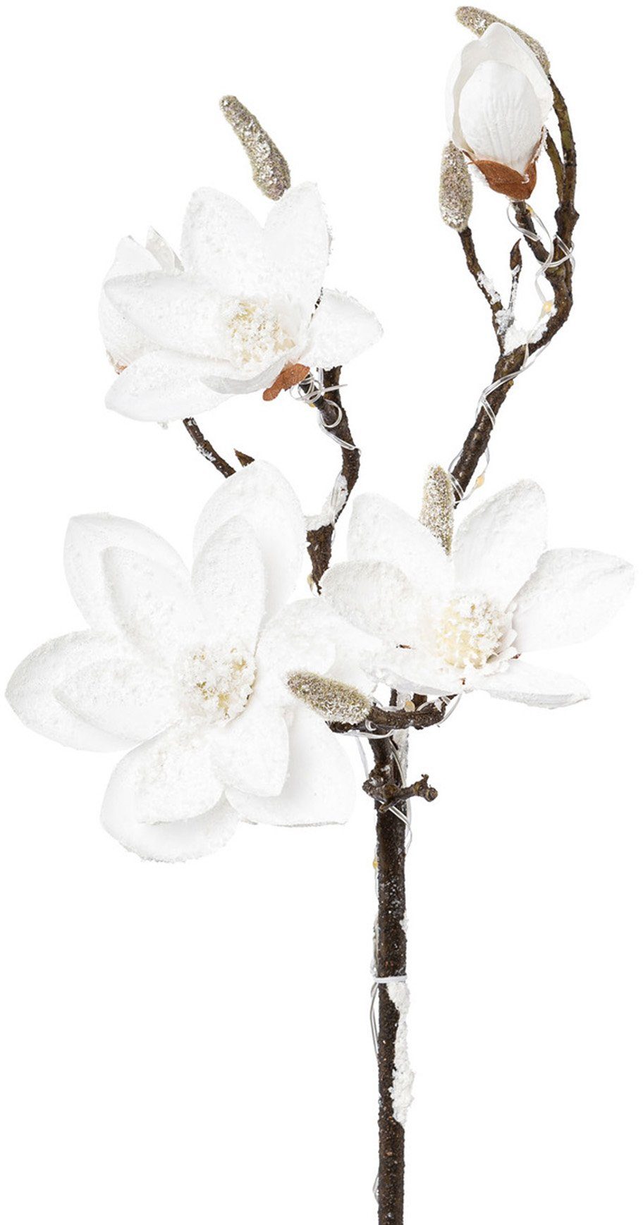 Creativ deco Kunsttak Kerst versiering Magnolia, set van 2, met 13 leds + besneeuwde look, werkt op batterijen (set, 2 stuks)
