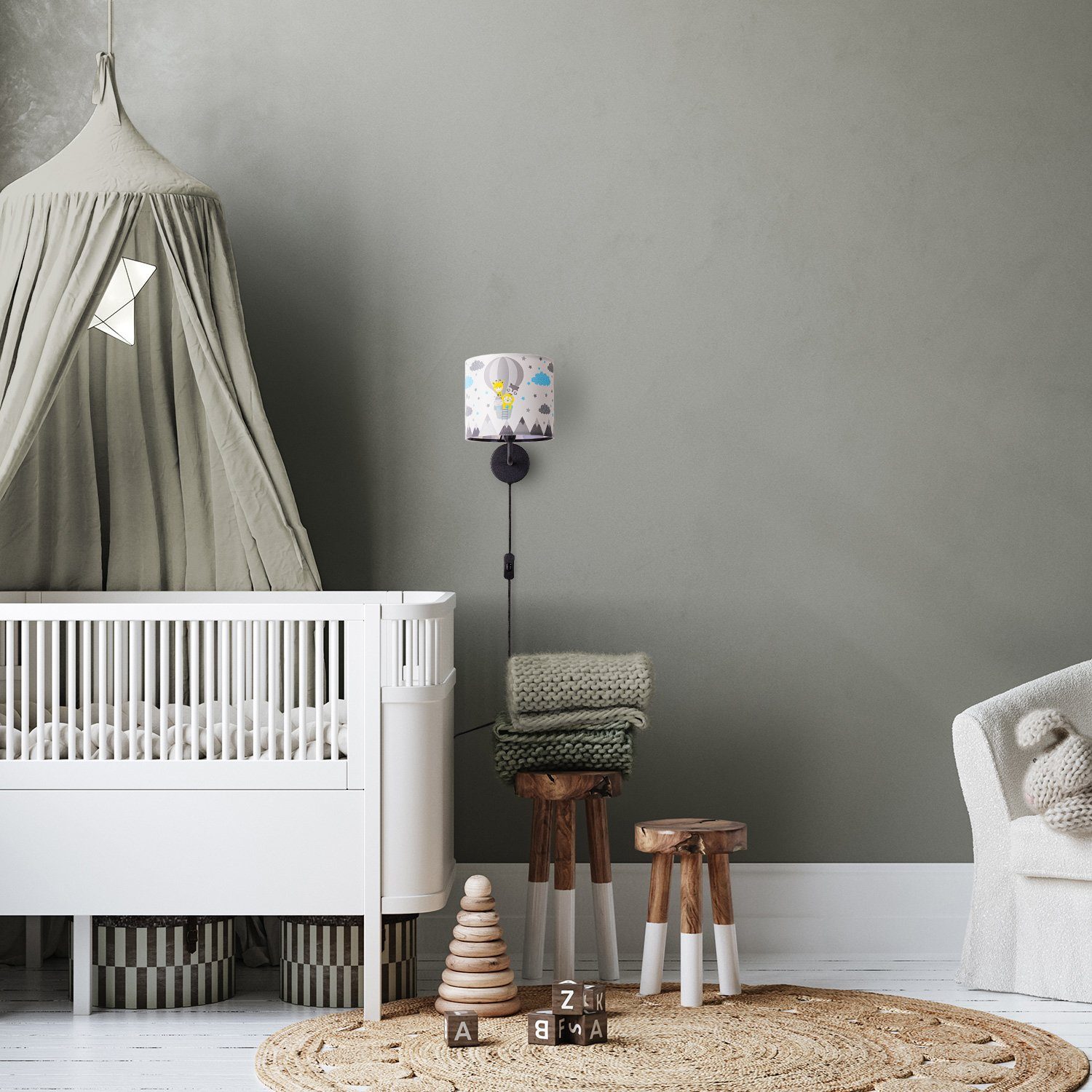 Paco Home Wandlamp Cosmo 343 Lamp kinderkamer stekker âˆ…18cm luchtballon dieren kabel 3m E14