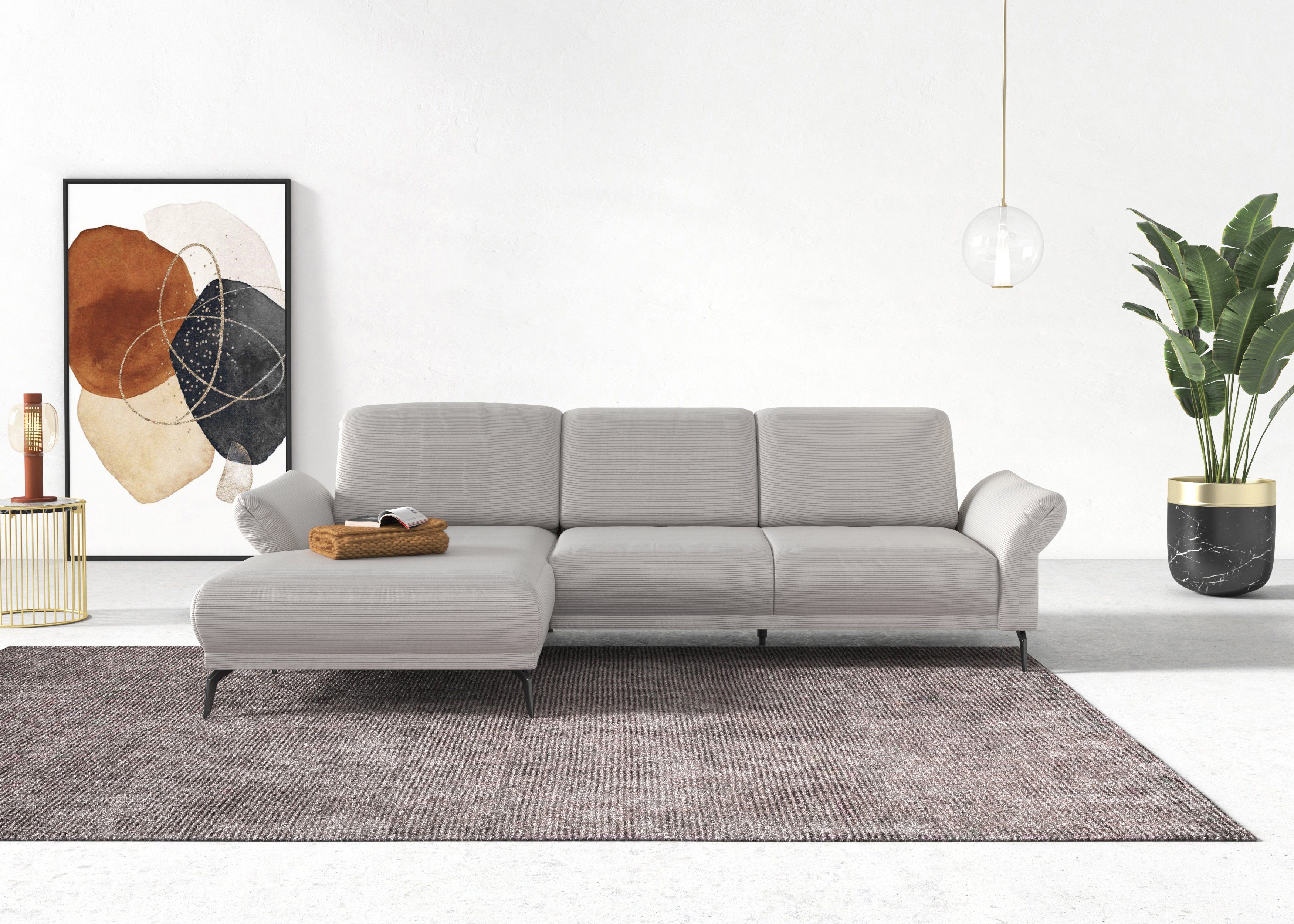 INOSIGN Hoekbank Coco L-vorm Verstelbare zitdiepte, armleuning en hoofdeind, cordbekleding, poothoogte 15 cm