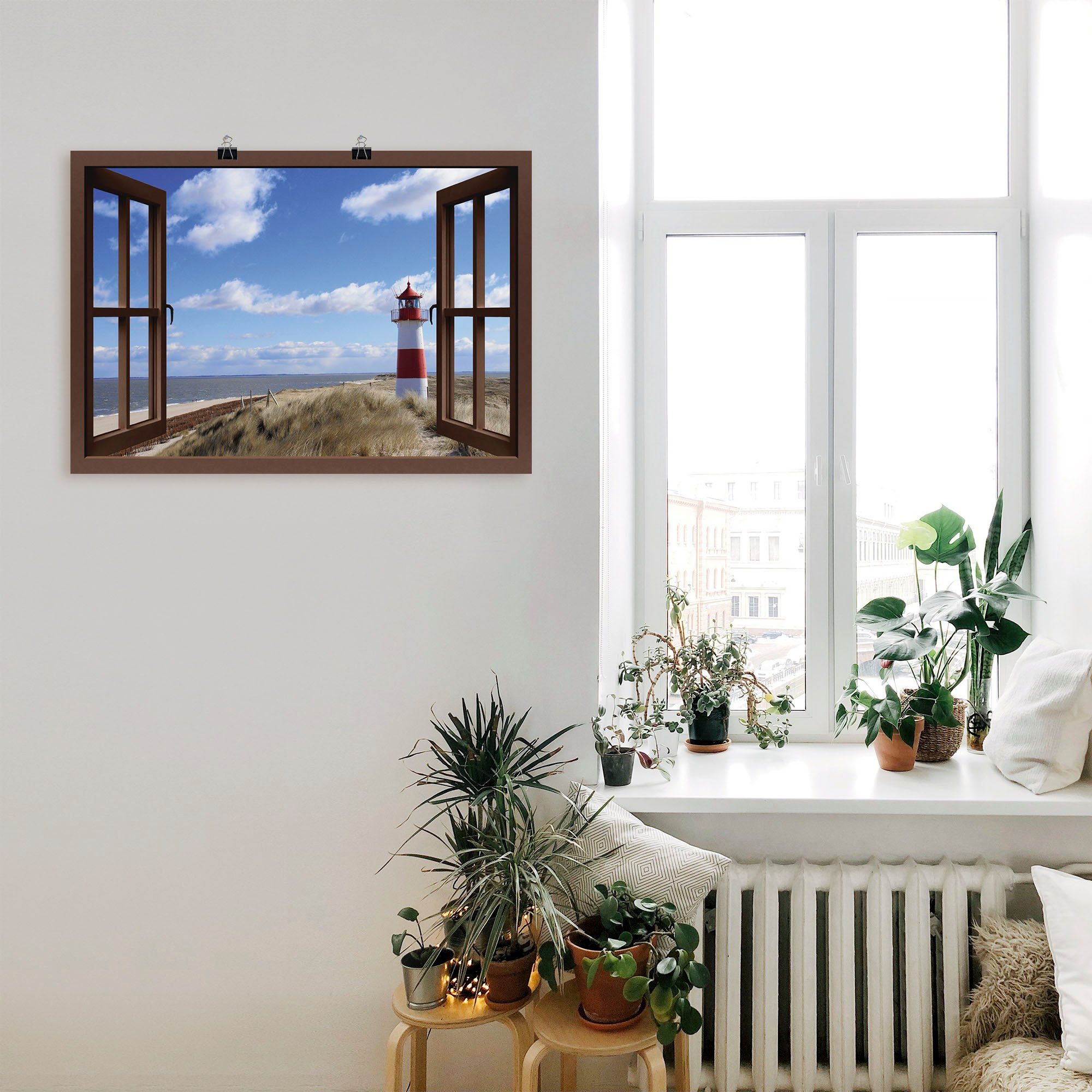 Artland Artprint Blik uit het venster - vuurtoren Sylt als artprint op linnen, poster in verschillende formaten maten