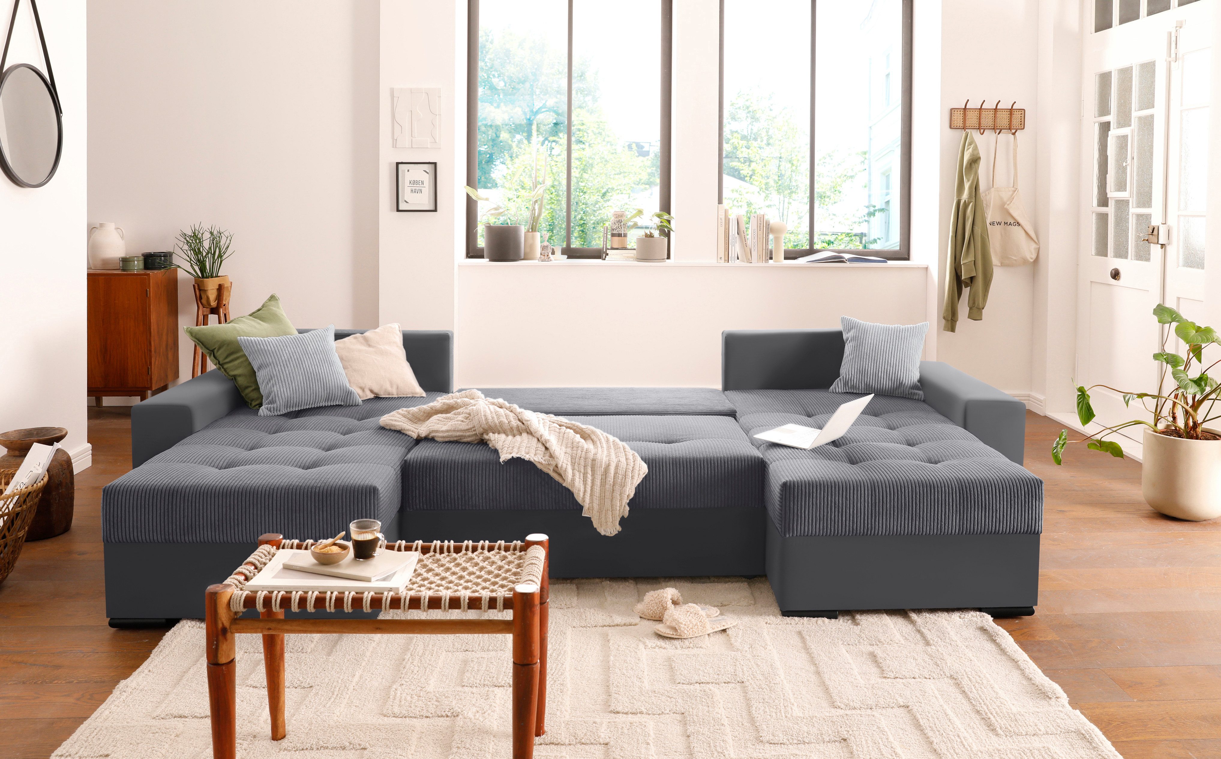 COLLECTION AB Zithoek XL-Josy U-vorm, breedte 313 cm, cord-/mix incl. bedfunctie, bedlade, met 4 gelijk grote rugkussens