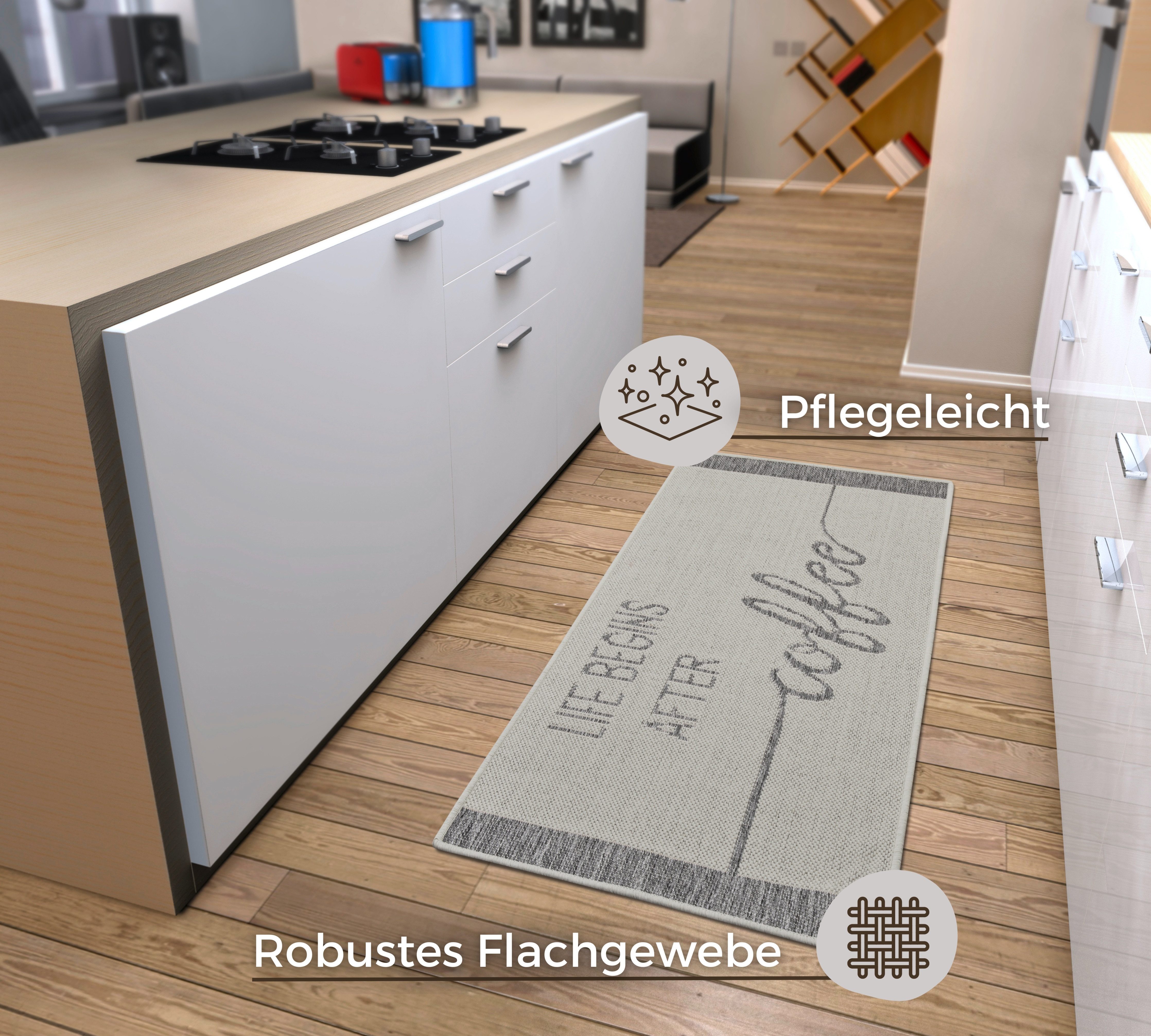 HANSE Home Keukenloper Life Begins After Coffee Loper, antislip, keukenkleed, keuken, vloerkleed, gemakkelijk in onderhoud