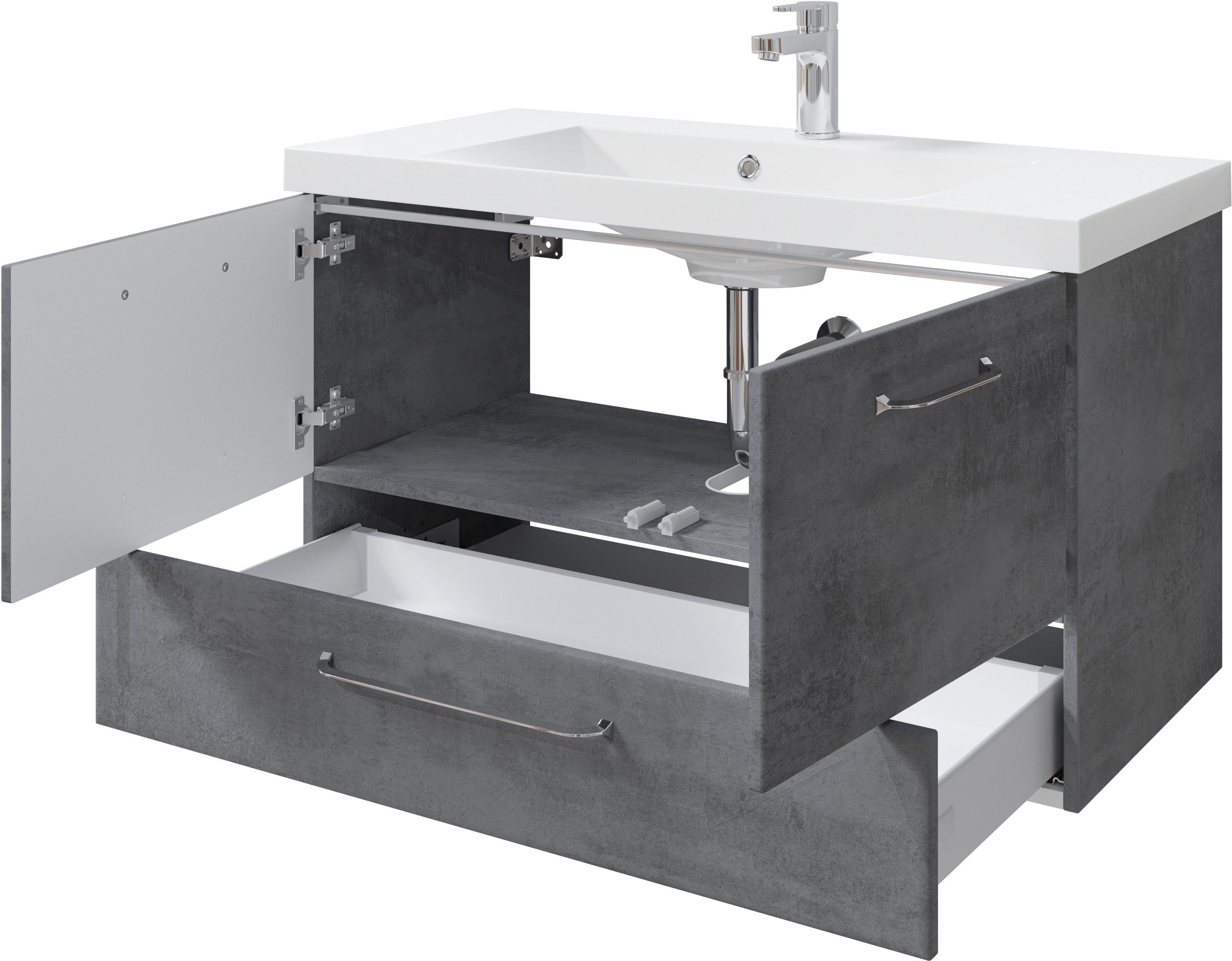 Saphir Badkamerserie Quickset 945 mineraalmarmeren wastafel met onderkast, 99 cm breed Wastafelmeubel, 2 deuren, 1 lade, inclusief deurdemper, wastafelonderkast set (1 stuk)