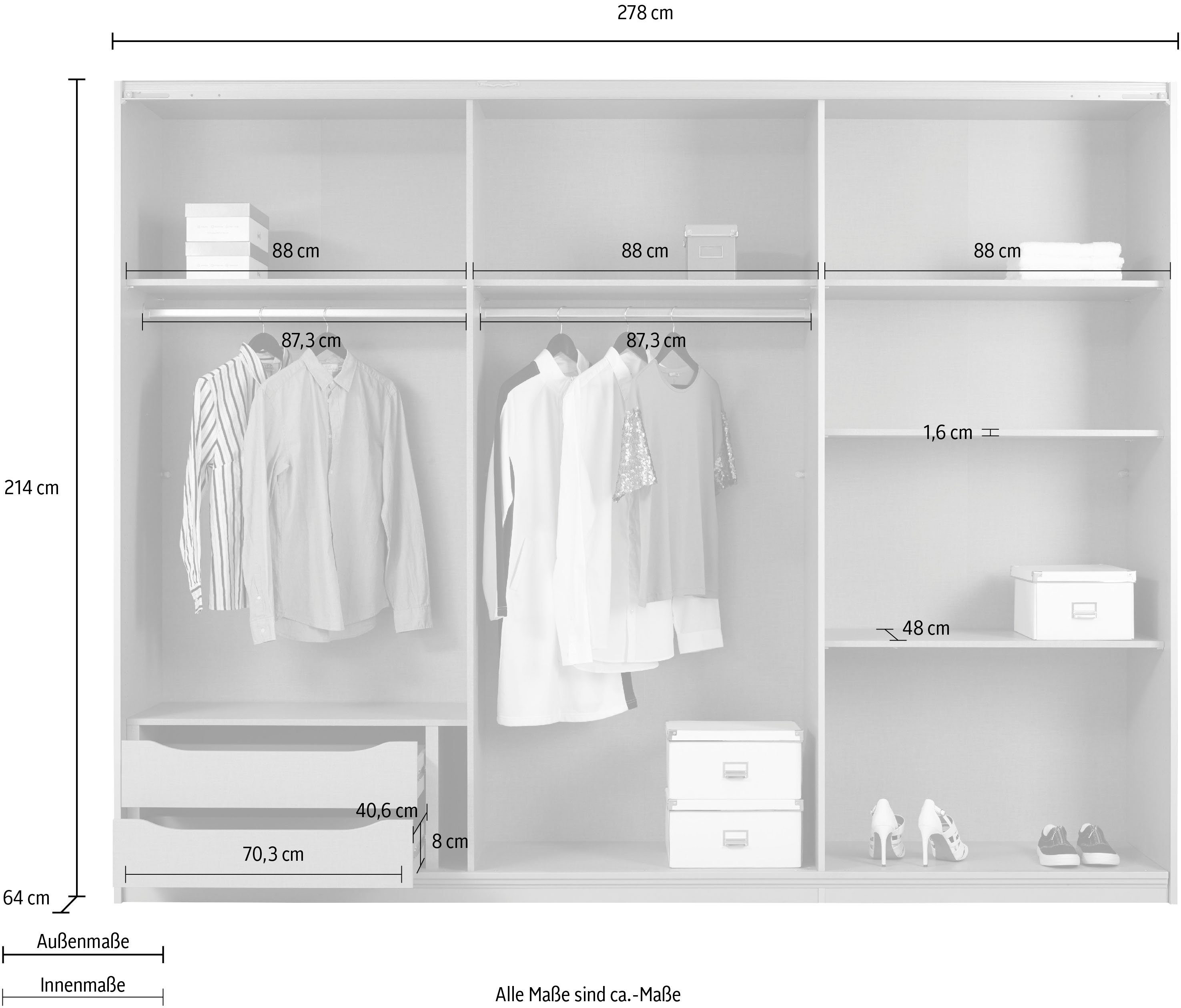 rauch Zweefdeurkast Kleiderschrank Schrank Garderobe Wäscheschrank Ankleide KULMBACH met uitgebreide interieurinrichting en passe-partout