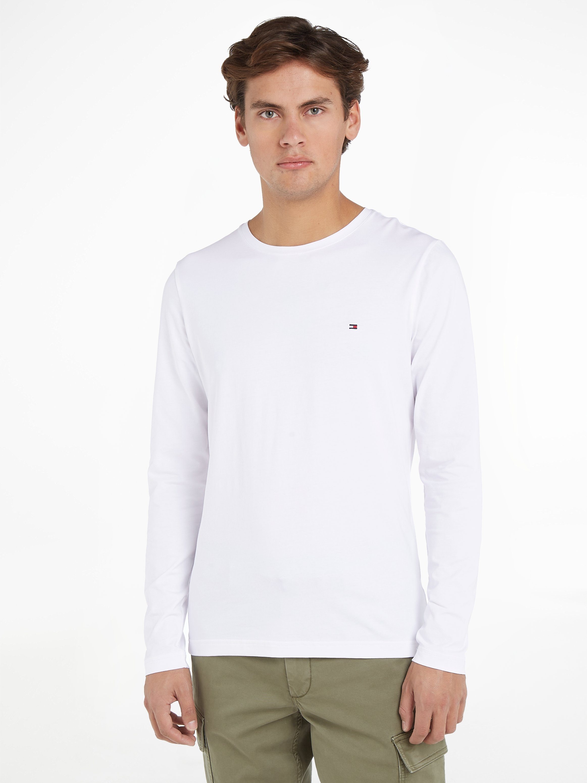 Tommy Hilfiger Shirt met lange mouwen STRETCH SLIM FIT LONG SLEEVE van biologische katoen-stretch heren ronde hals maat M (48/50) wit