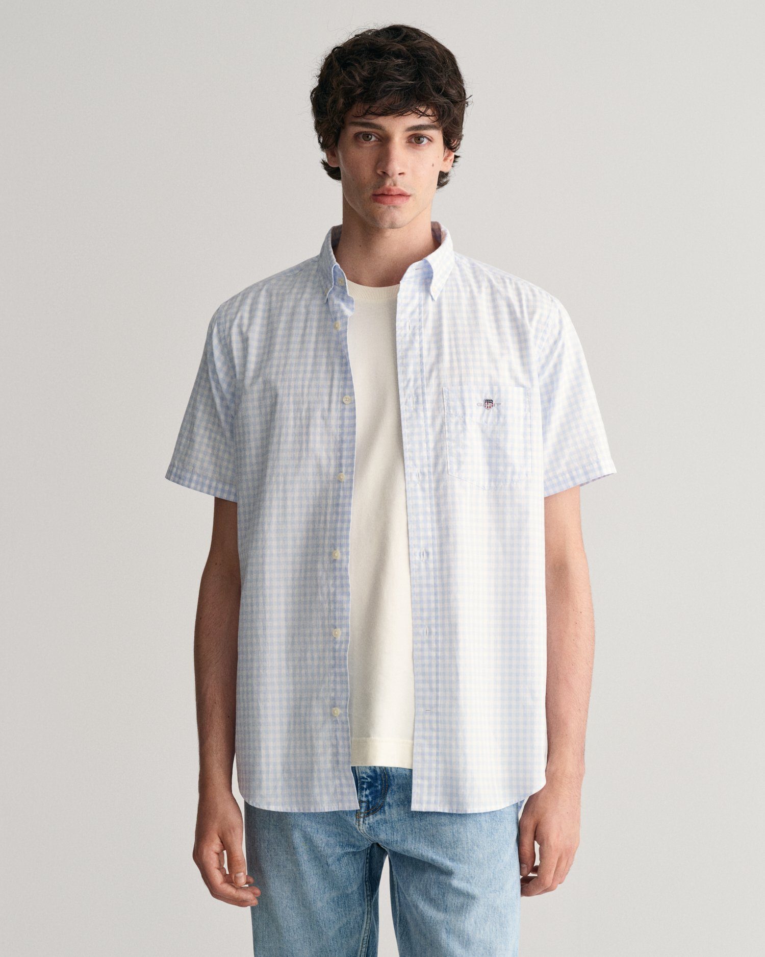 Gant Overhemd met korte mouwen Regular Fit Gingham Poplin Overhemd slijtvast easy care geruit