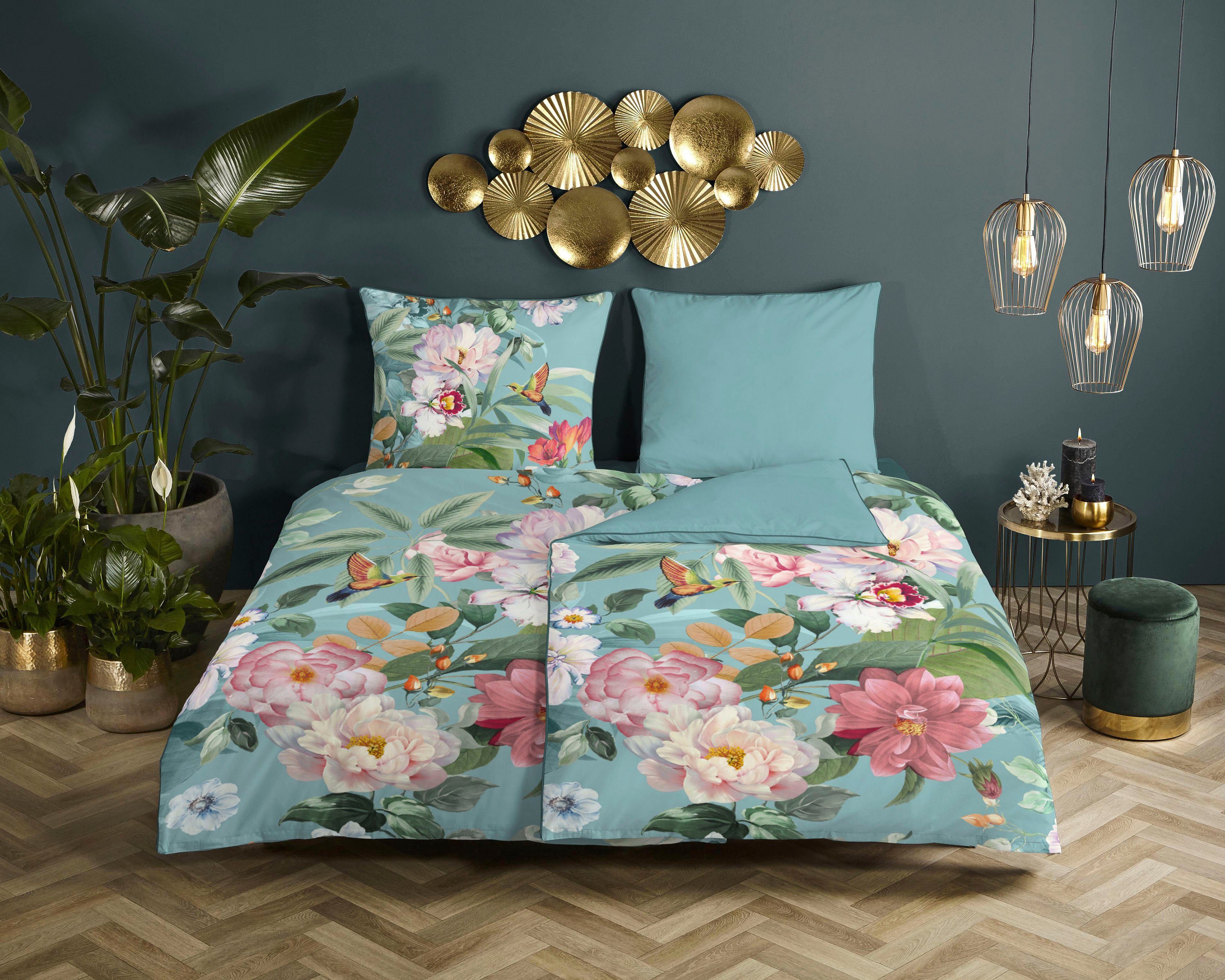 Descanso Tweezijdig te gebruiken overtrekset Fungi Katoen, Satijn, 135x200, Bies, Rits, Omkeerbaar, Bloemen Turquoise dekbedovertrekken multicolor