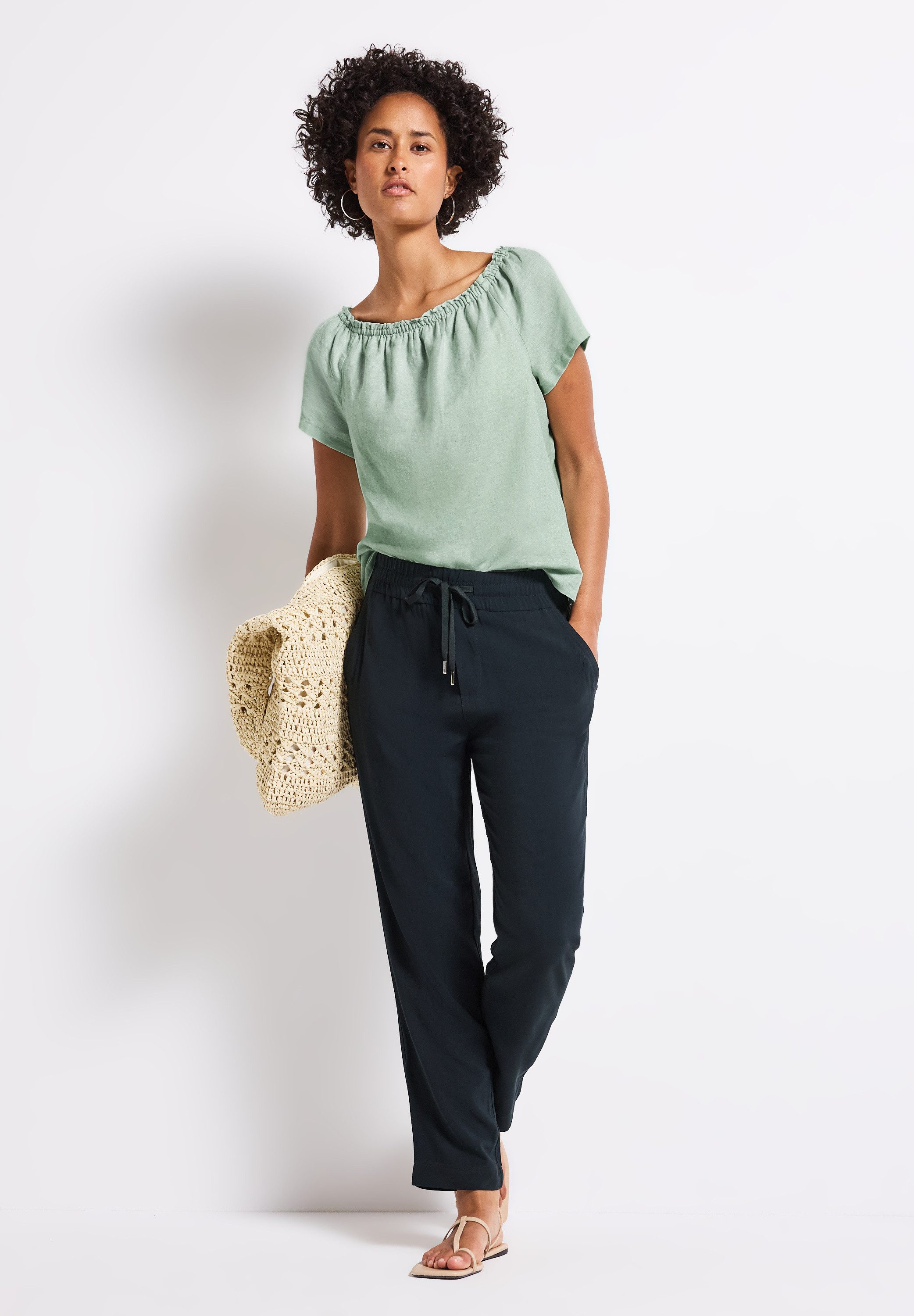STREET ONE Crêpe-blouse met ruches-kraag en van linnen
