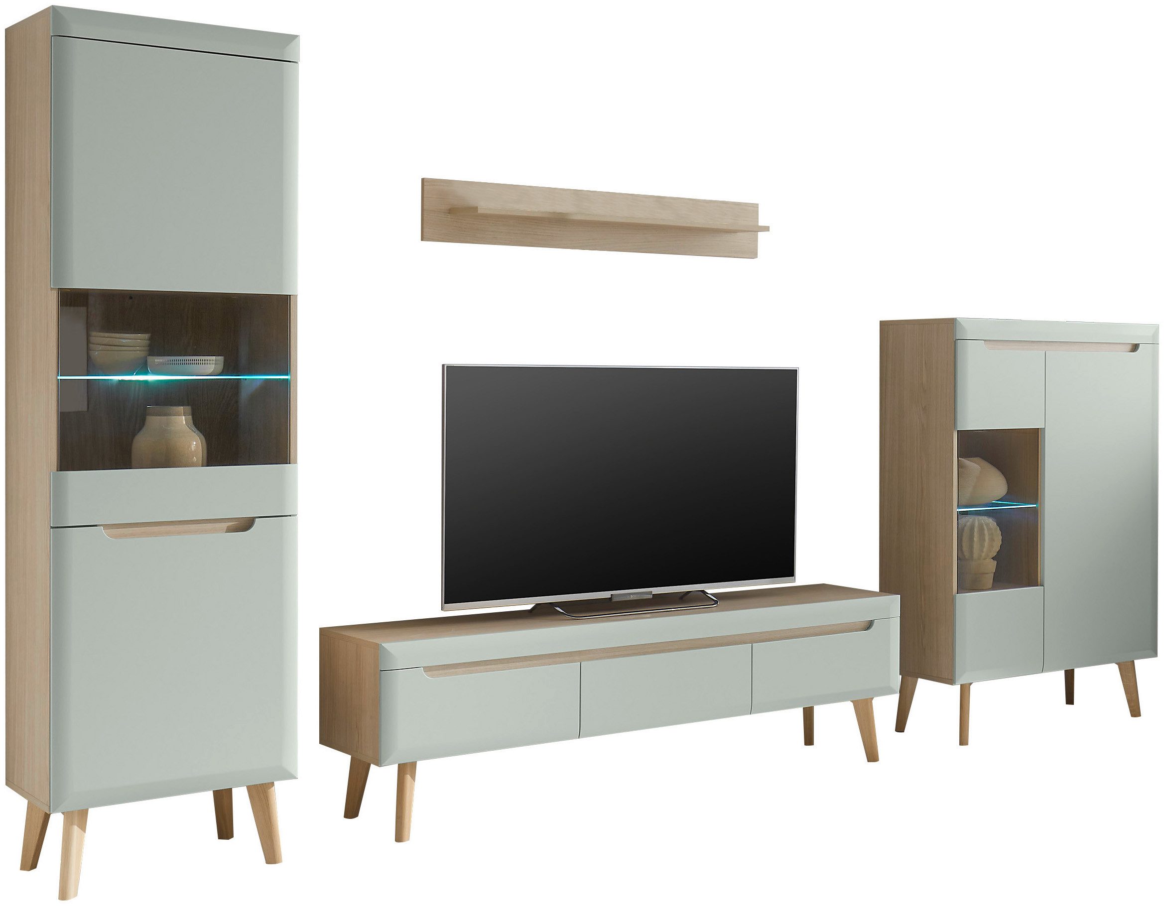 INOSIGN Wandmeubel Torge, wandmeubel, kastwand, mediawand, woonkamer-set bevat 2 vitrines, 1 lowboard, 1 wandplank, 343 cm breed (set, 4-delig)