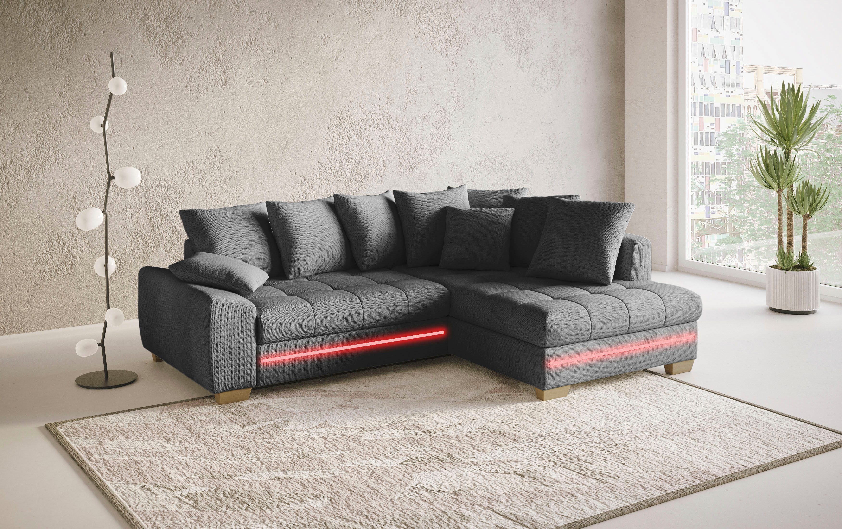 Mr. Couch Hoekbank Nikita II, L-vorm met koudschuim, rgb-led-verlichting, optioneel met bed, bedlade
