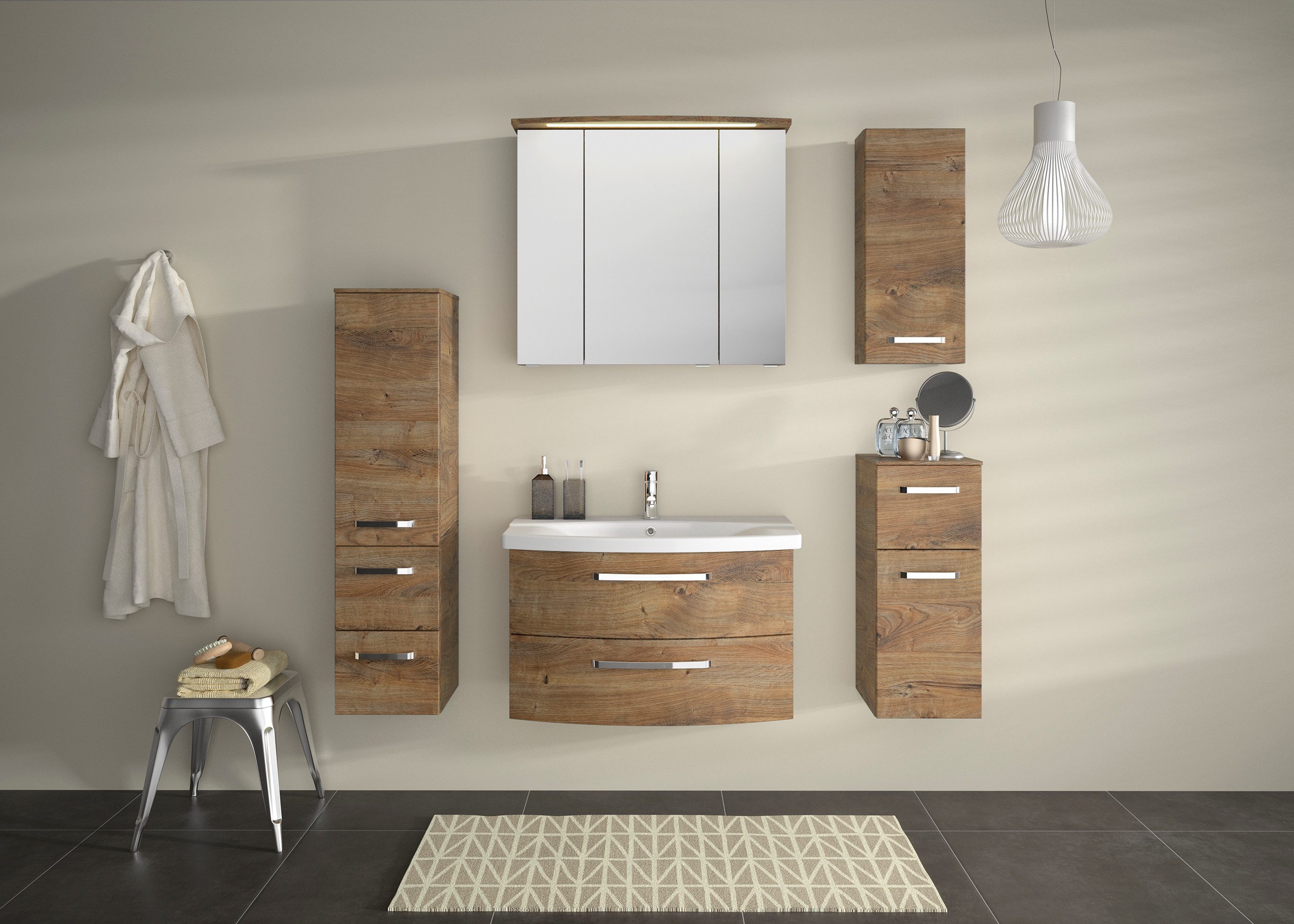 Saphir Badkamerspiegelkast Serie 4010 badkamer spiegelkast incl. LED-verlichting in krans Badkast 82 cm breed, 3 deuren, 6 glazen legplanken, incl. deurdemper