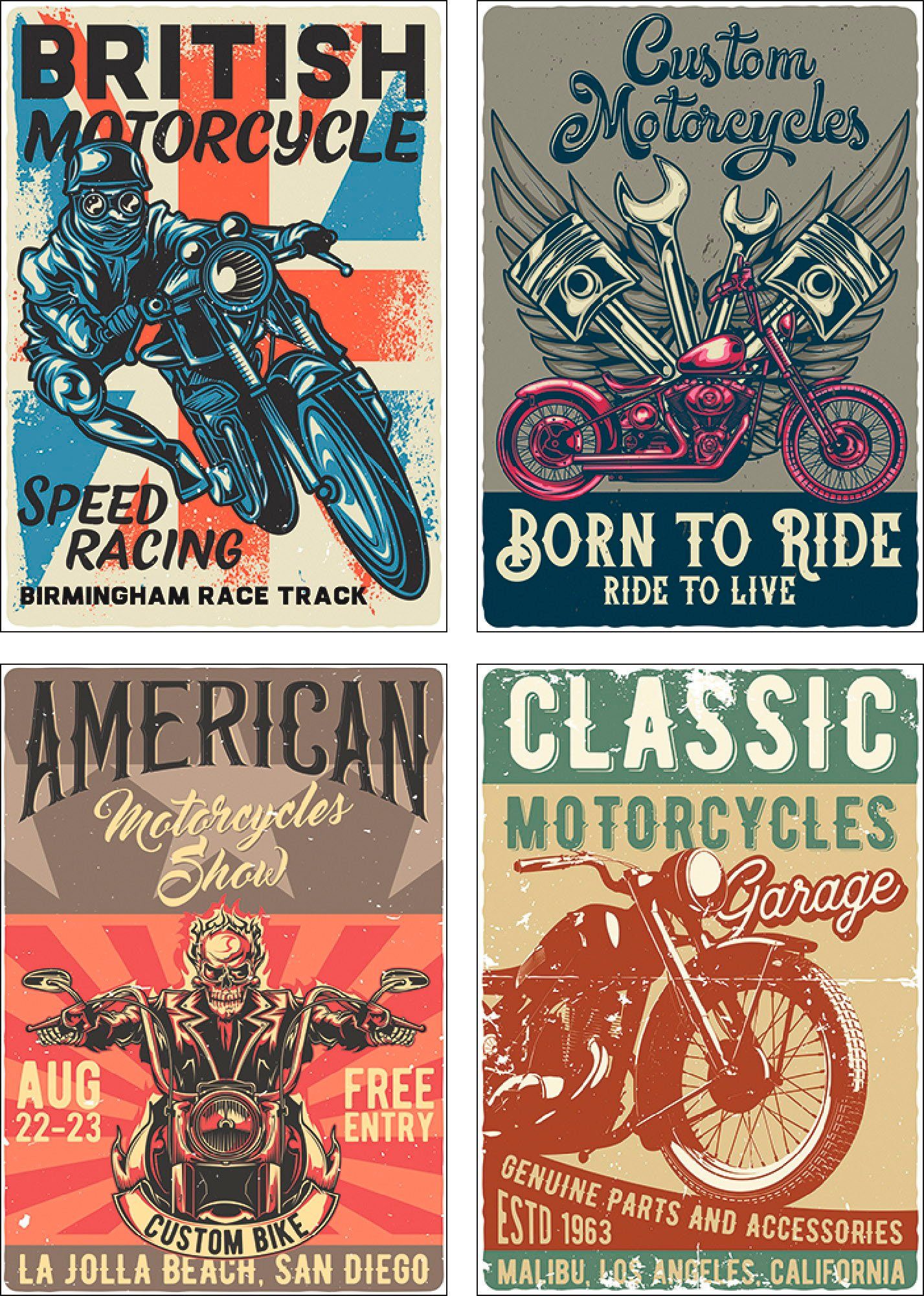 Artland Poster Born to ride doodskop motorrijder Poster, artprint, wandposter (4 stuks)