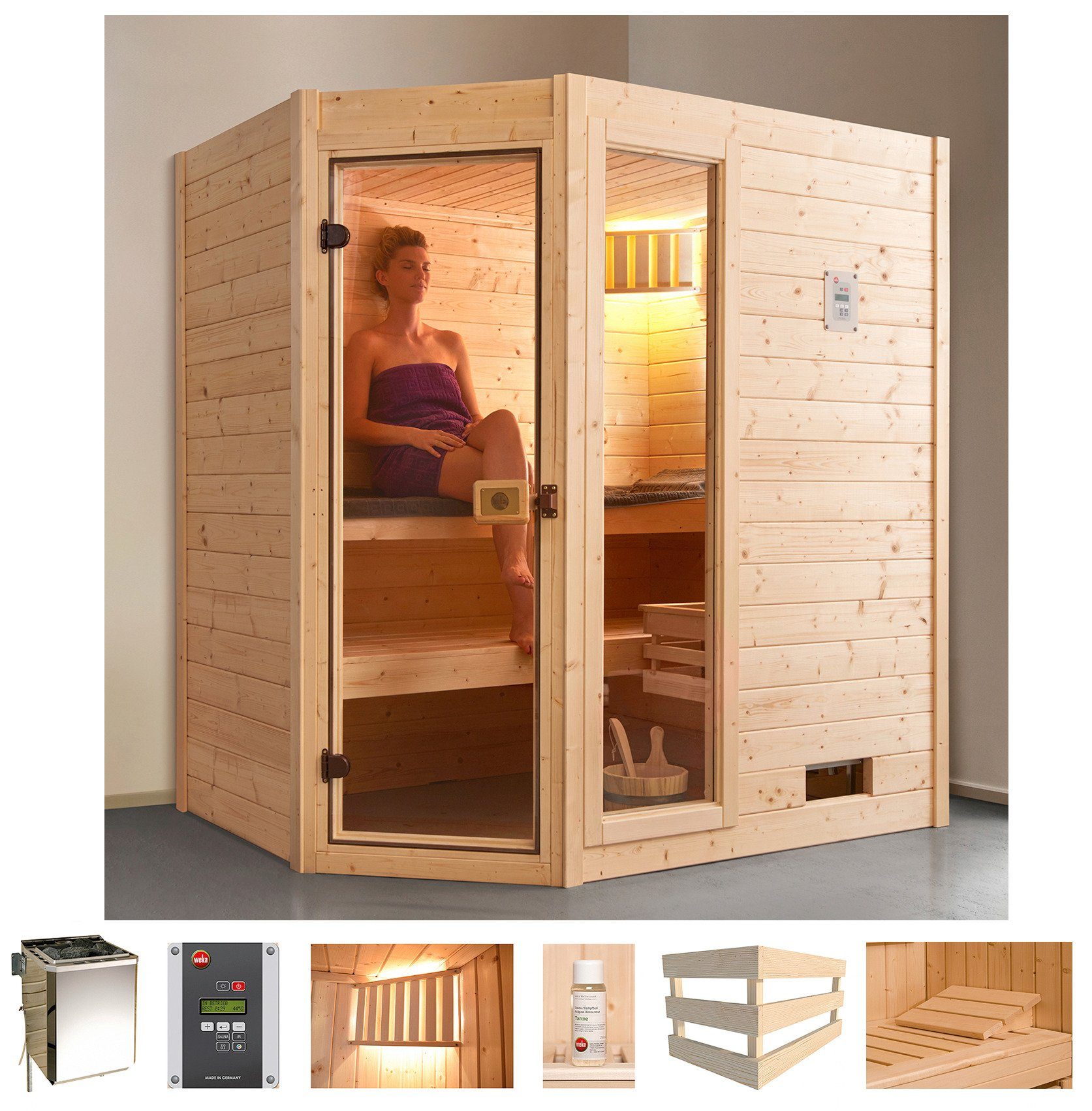 weka Sauna Valida hoek 1 4,5 kw bio-combikachel met externe bediening, raam sauna's beige