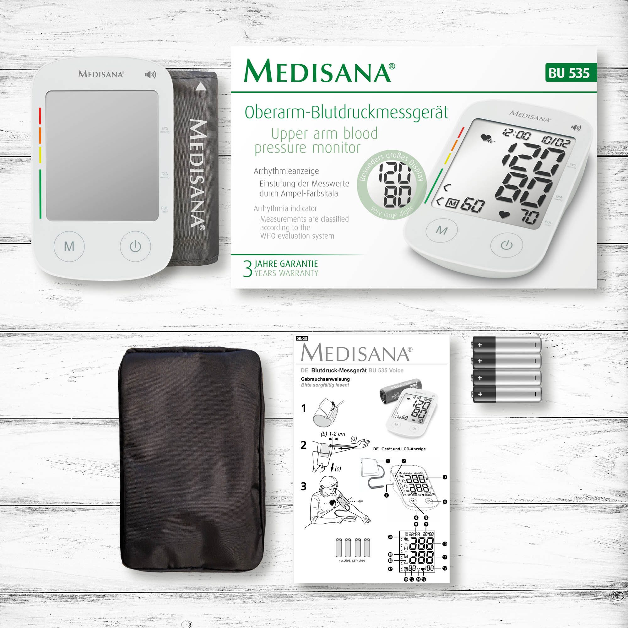 Medisana Bovenarm-bloeddrukmeter BU 535 Voice Spraakuitvoer, onregelmatige hartslagweergave, elk 120 geheugenplaatsen