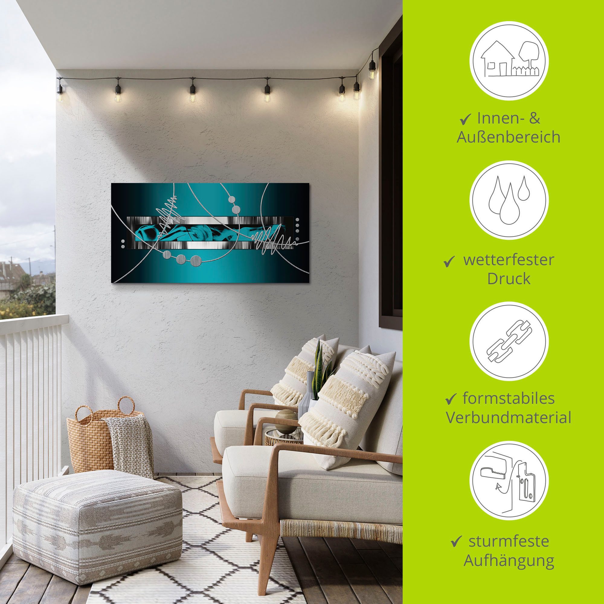 Artland Artprint Zilverkleur abstract op petrol als artprint van aluminium, artprint voor buiten, artprint op linnen, poster, muursticker