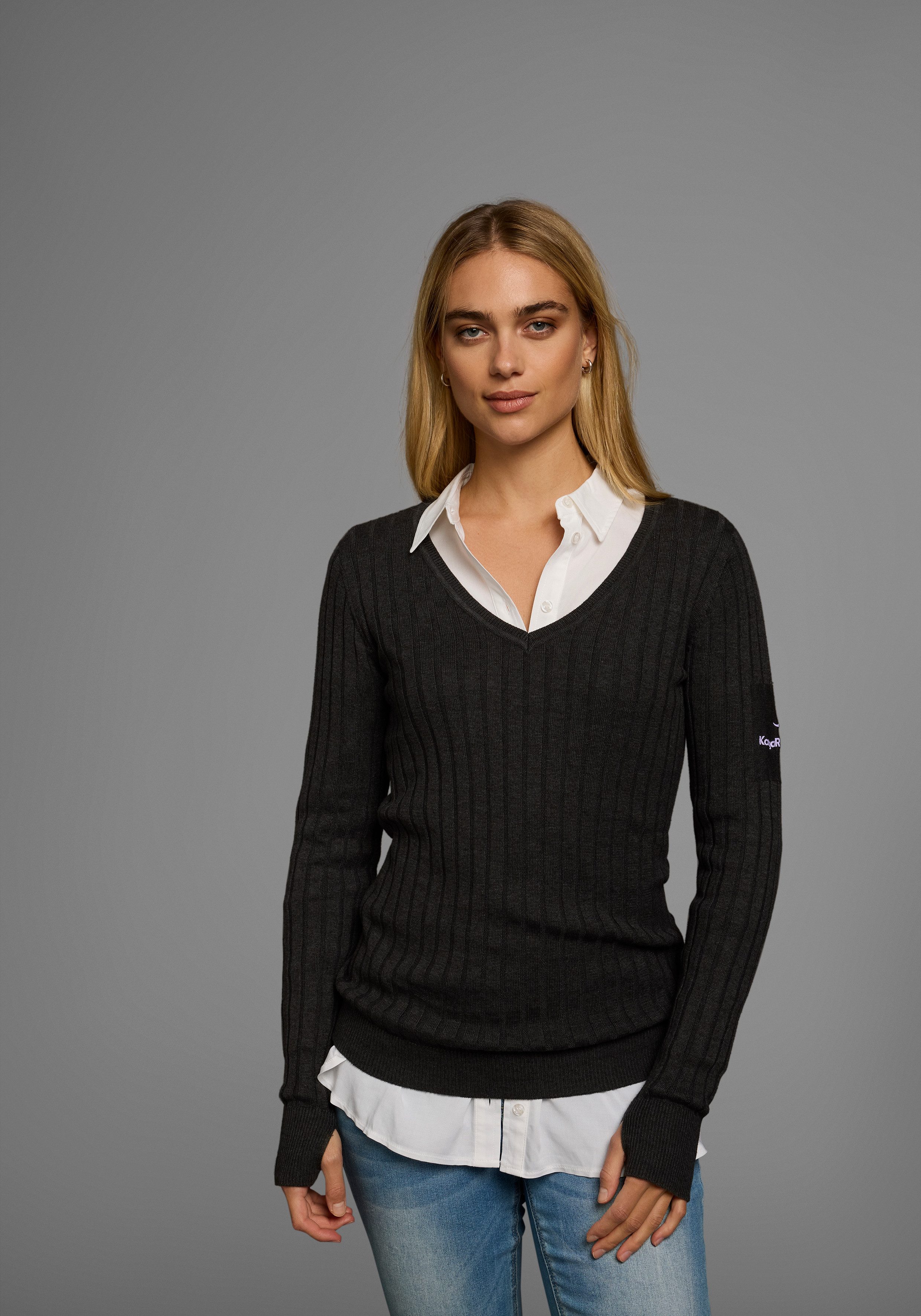 KangaROOS Trui met V-hals in breed geribd fijntricot