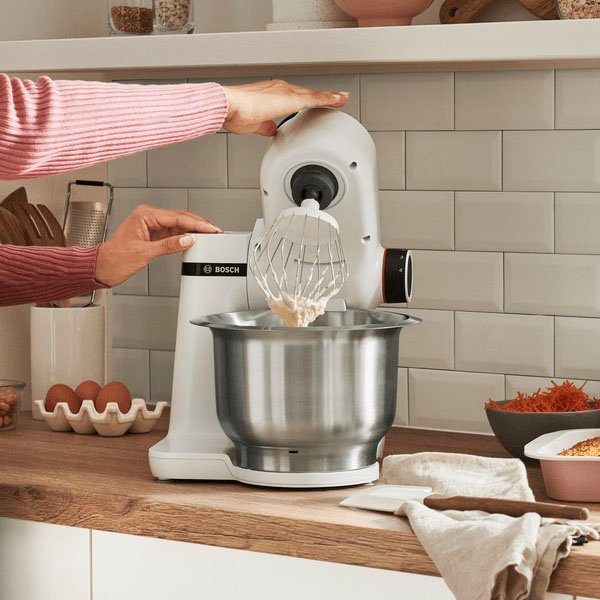 BOSCH Keukenmachine Serie 2 MUMS2EW00, edelstalen kom, wit Planetenmixers, kneedhaken/schaar-/klop-/mixbesen van roestvrij staal, 4 standen