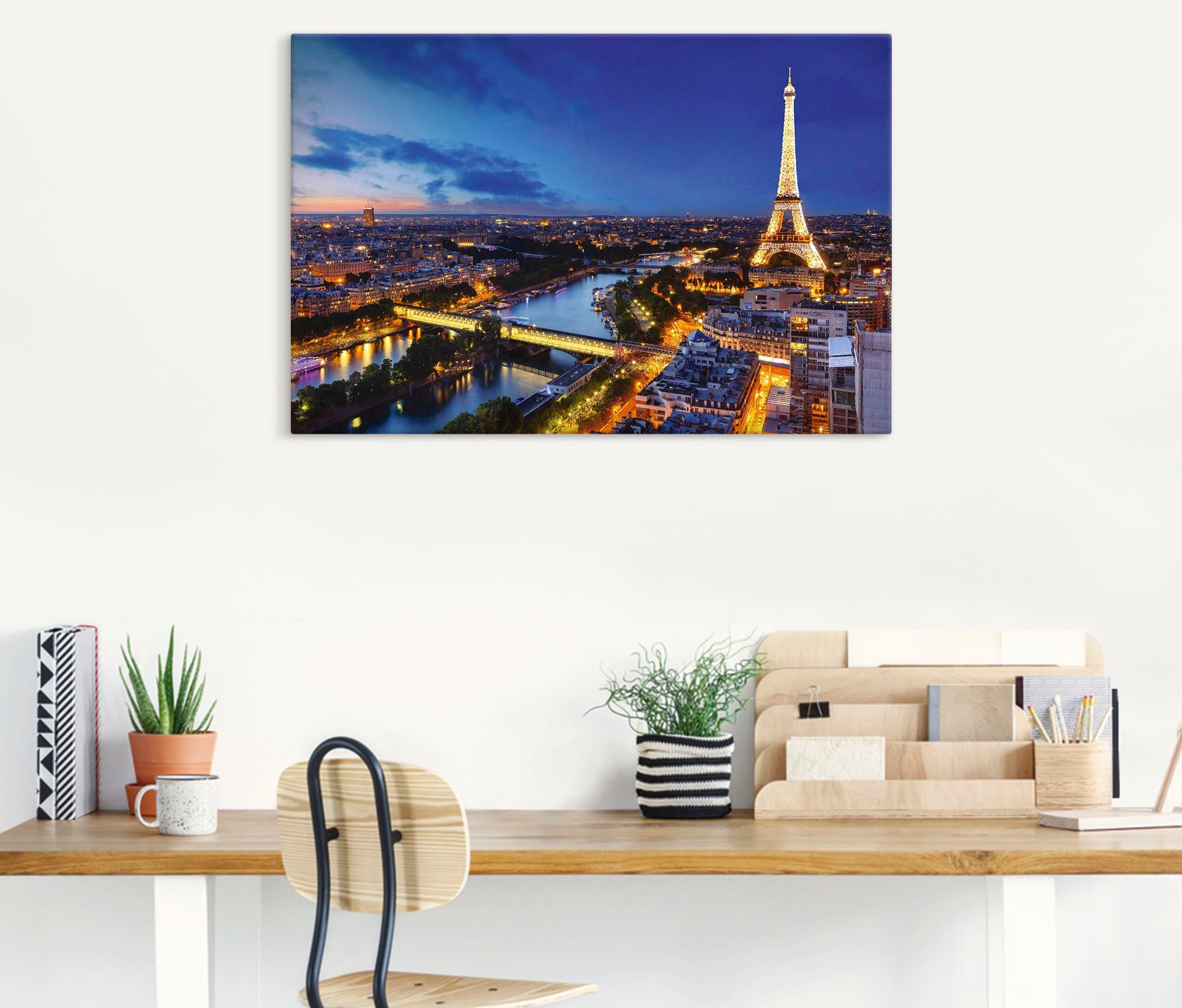 Artland Artprint Eiffeltoren en Seine ‘s avonds, Parijs als artprint van aluminium, artprint voor buiten, artprint op linnen, poster, muursticker