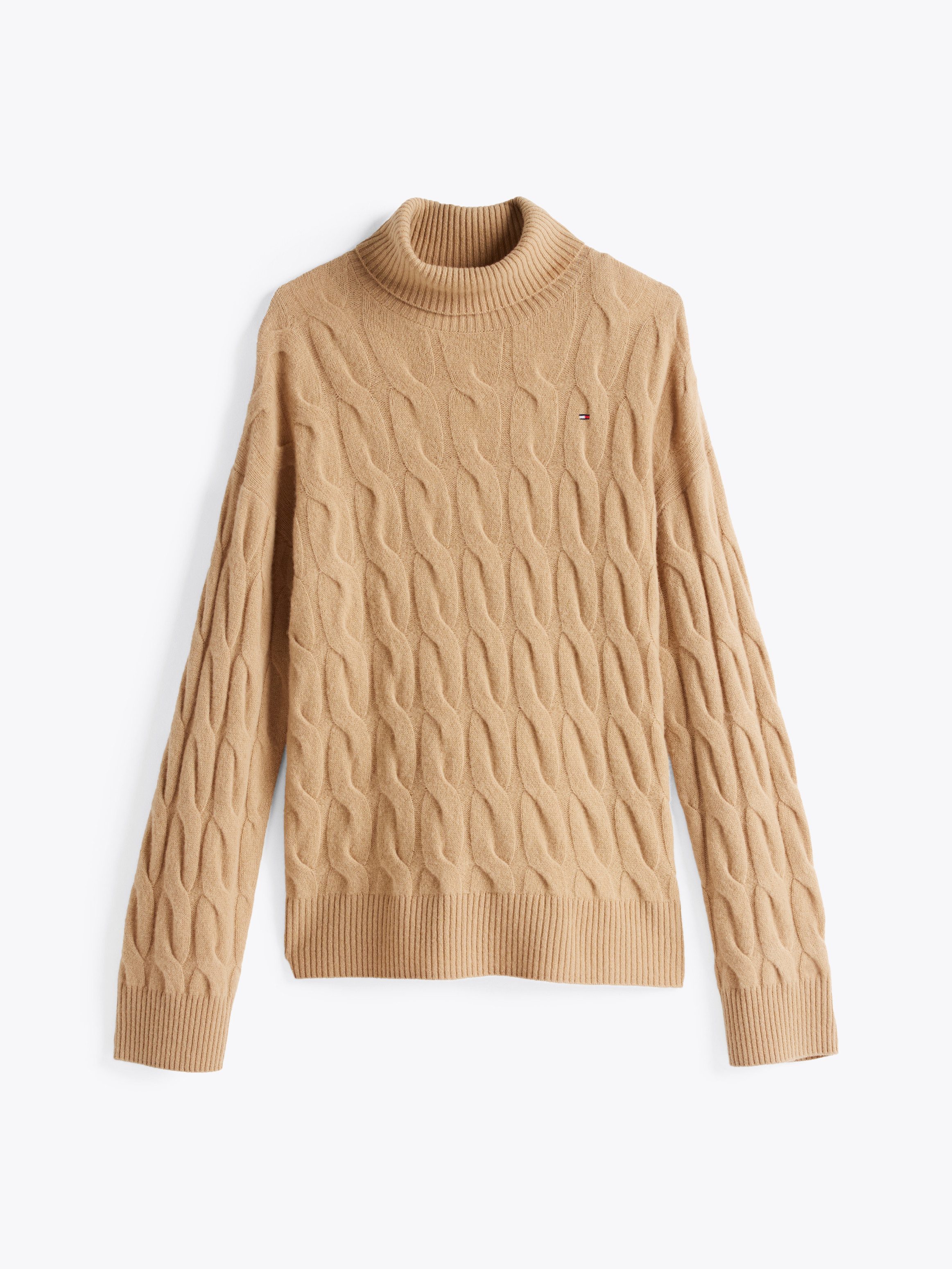 Tommy Hilfiger Coltrui SOFT WOOL CABLE ROLL-NK SWEATER met logoborduring allover kabelpatroon rolkraag 100% wol