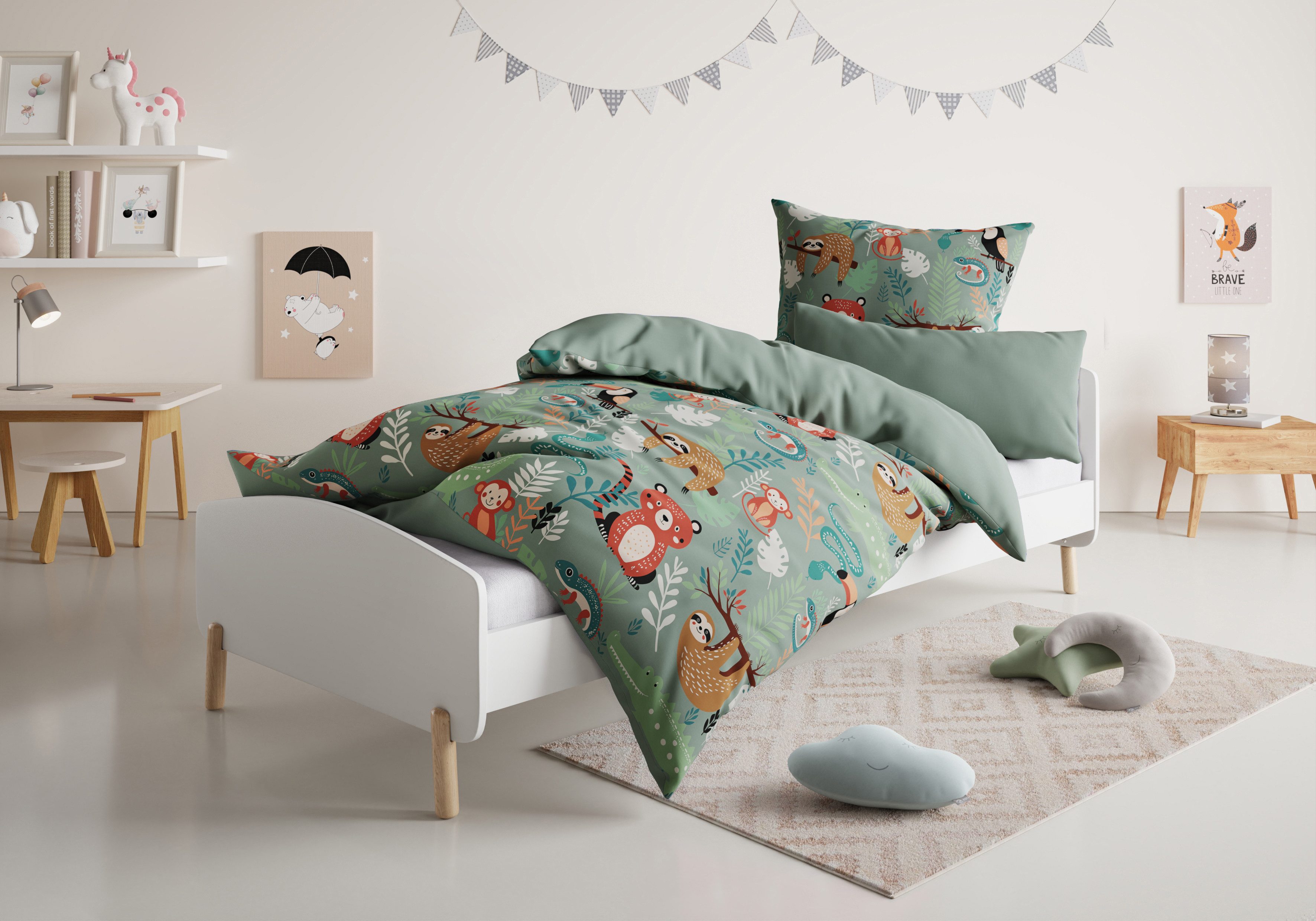 Lüttenhütt Kinderovertrekset Cuddlee in veel ontwerpen: dino, eenhoorn, ruimte, bouwplaats, hart, tractor, safari (2-delig) dekbedovertrekken groen