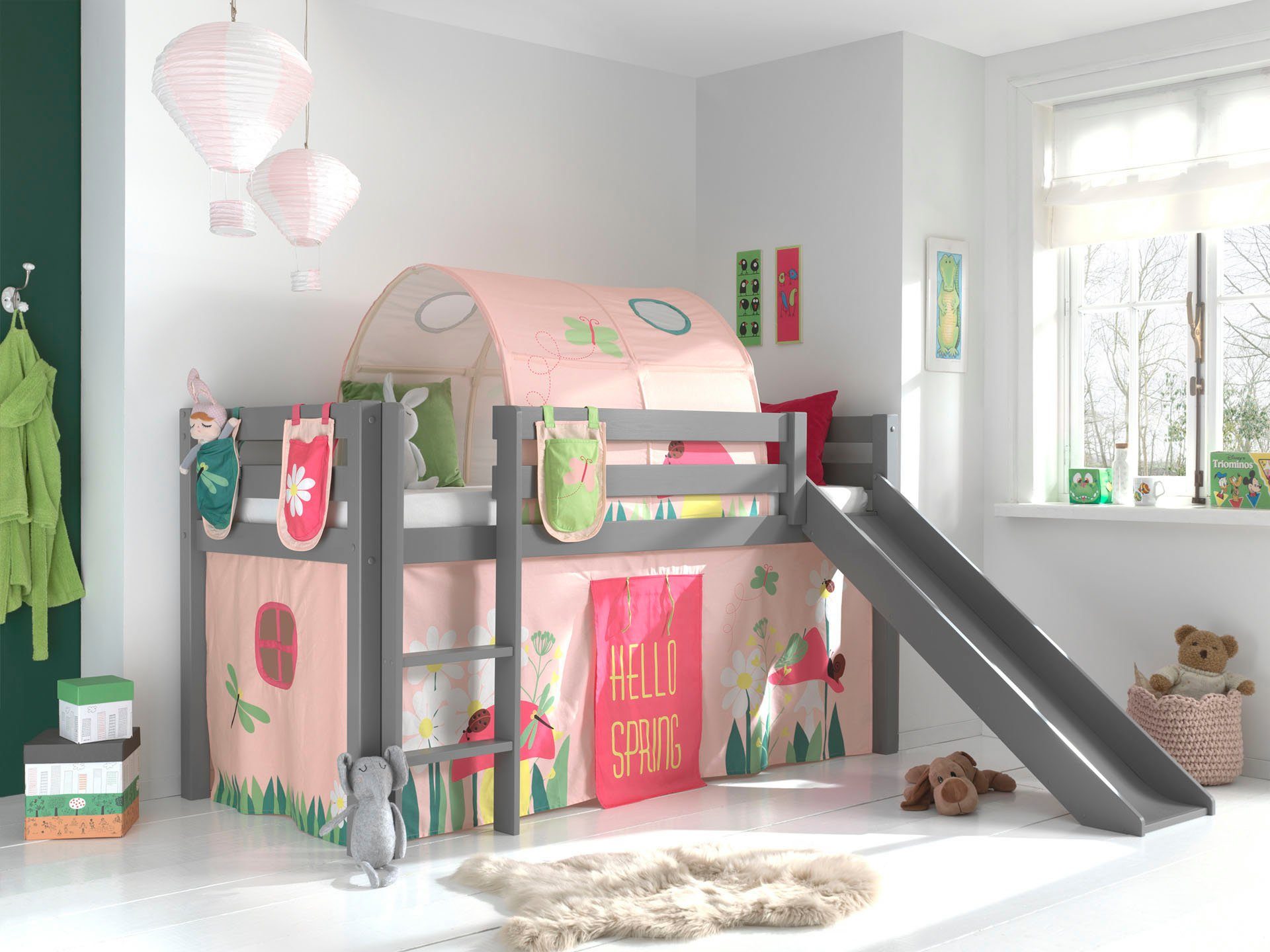 Vipack Hoogslaper PINO Massief hout, textielset 'Spring', naar keuze met glijbaan en bedtunnel hoogslapers maat 218 cm x 210 cm x 214 cm grijs
