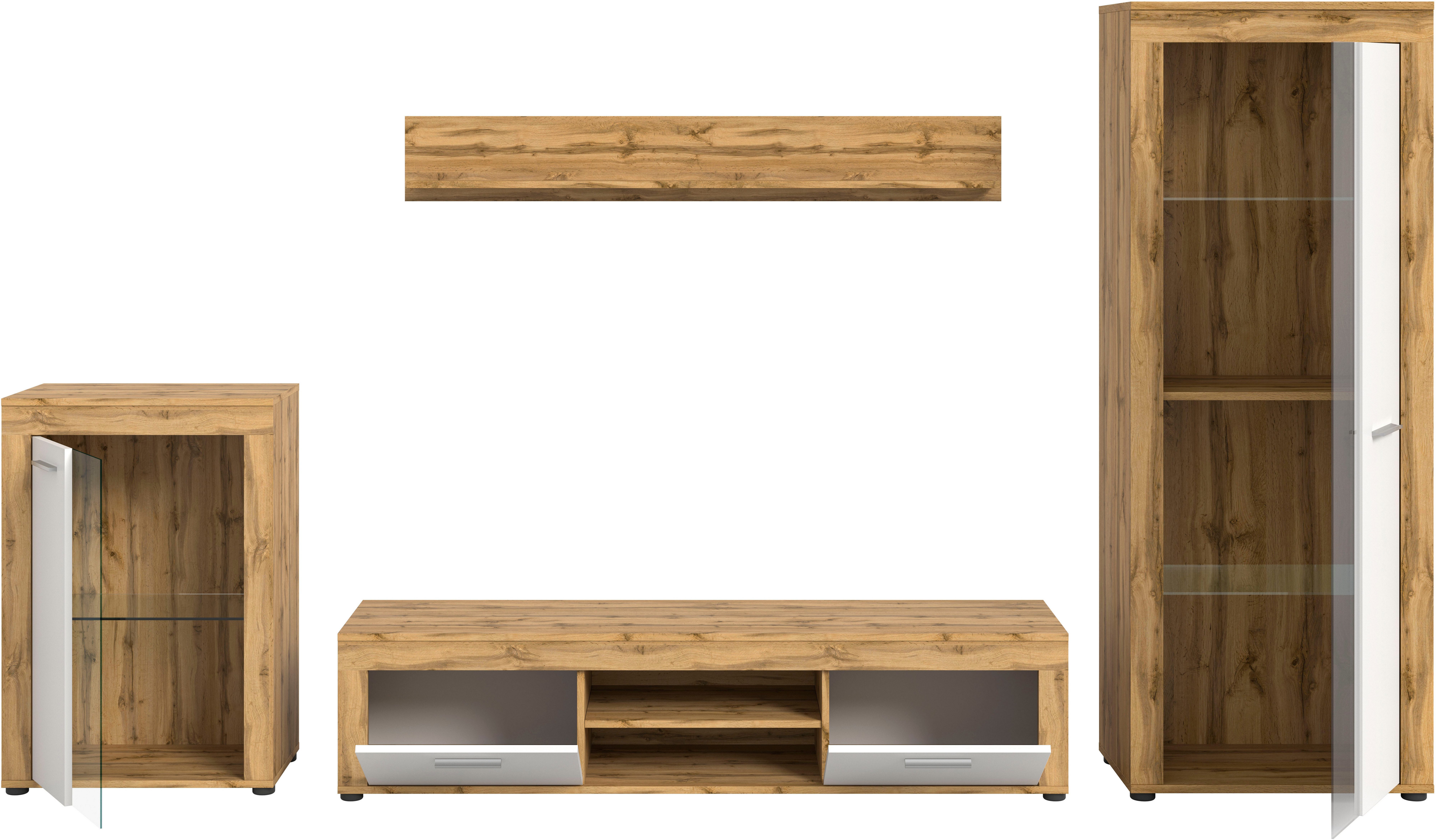 INOSIGN Wandmeubel Aosta, 4-delig, bestaande uit: vitrinekast, lowboard, wandplank & hoge vitrinekast (4-delig)