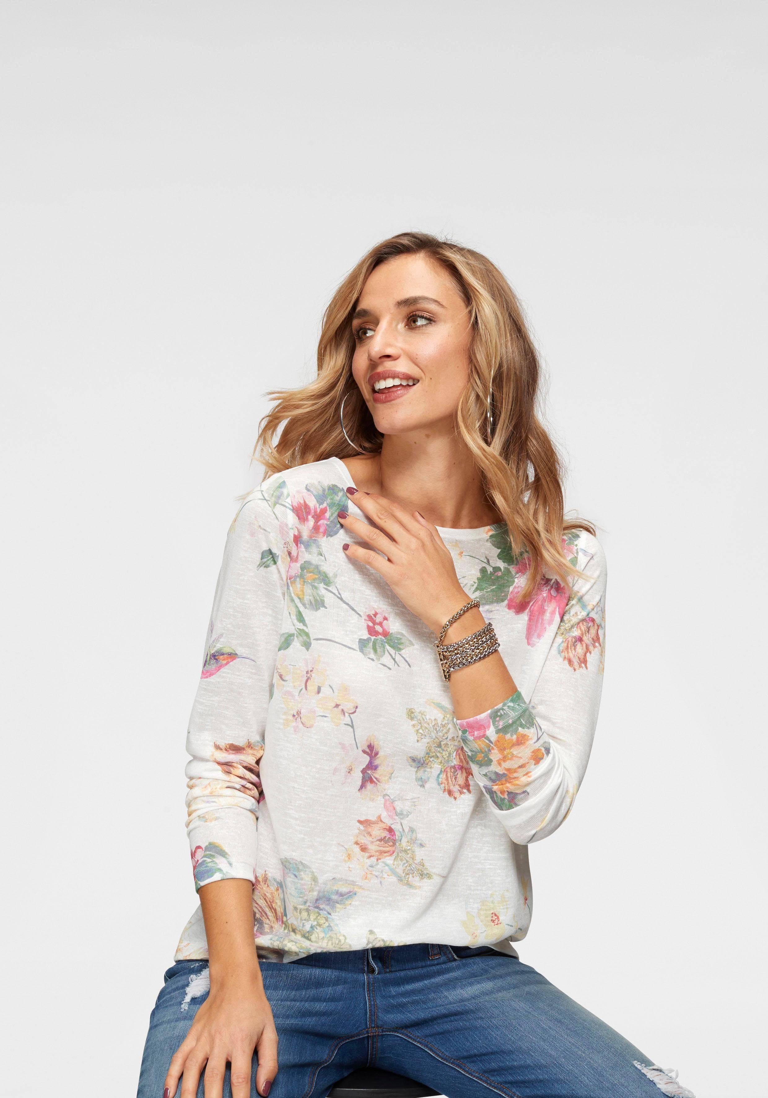 aniston casual shirt met lange mouwen met maxi-bloemenprint en vogels beige