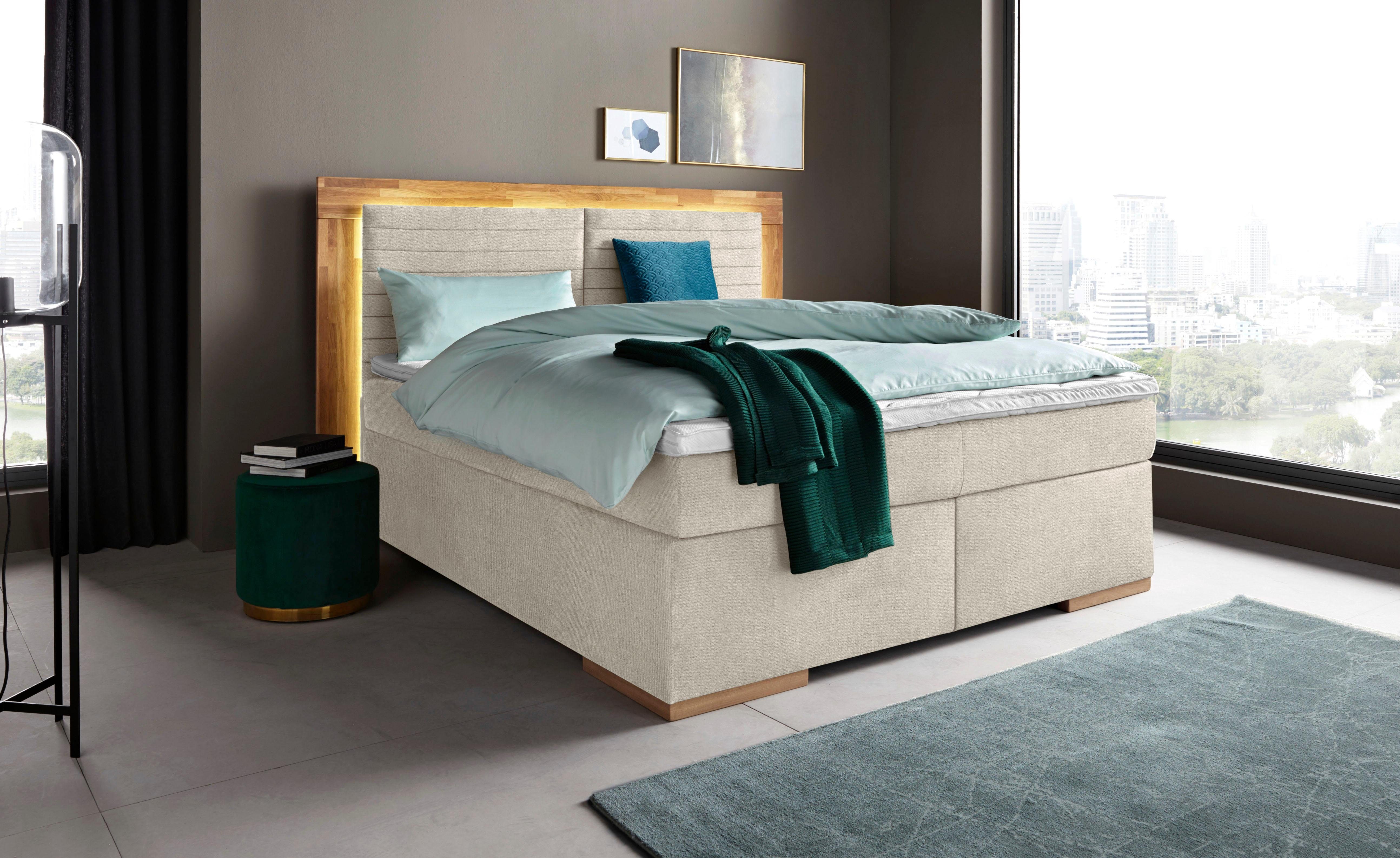 Places of Style Boxspring Cup met ledverlichting, massief houten lijst en topmatras, in 2 hardheden