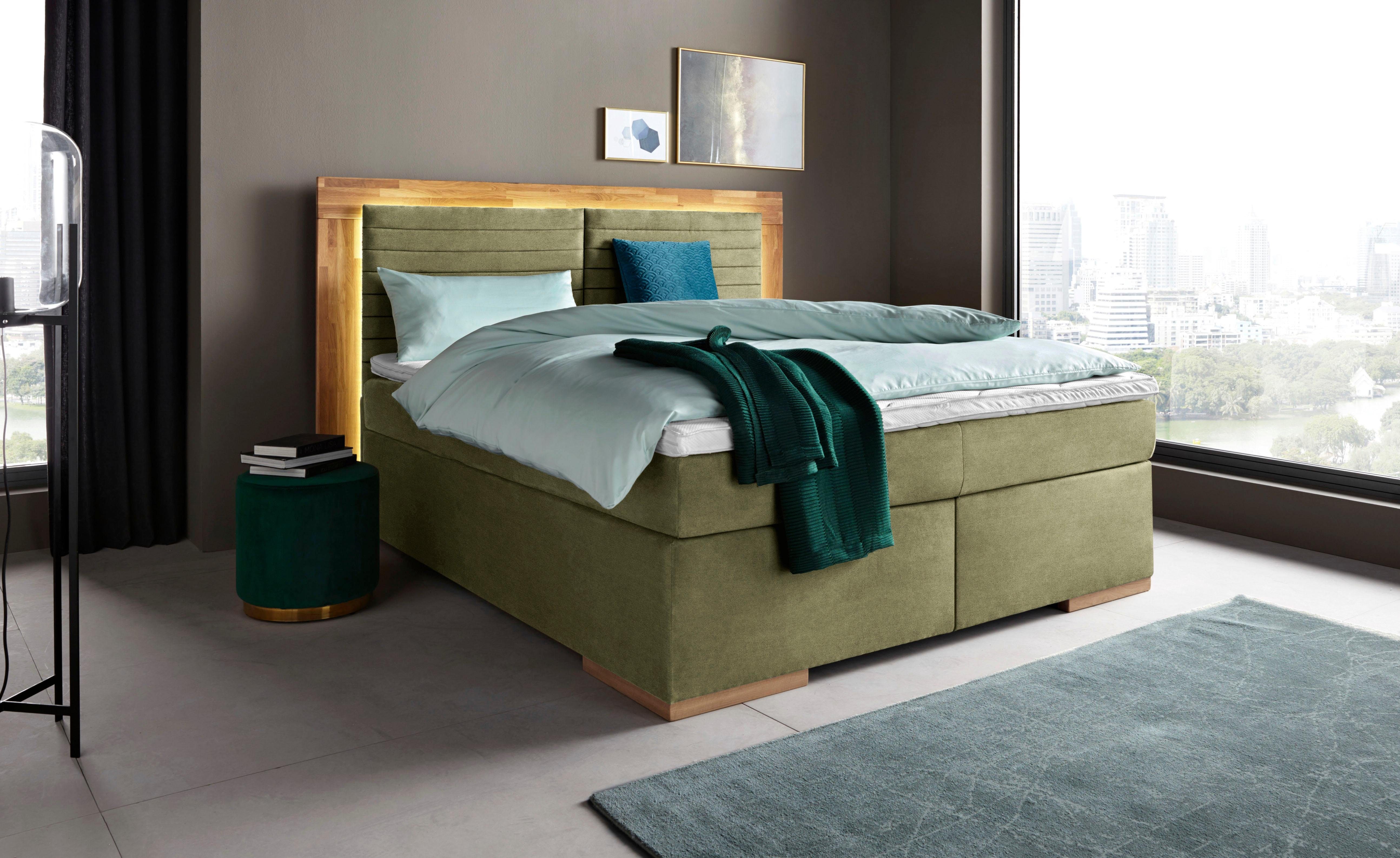 Places of Style Boxspring Cup met ledverlichting, massief houten lijst en topmatras, in 2 hardheden
