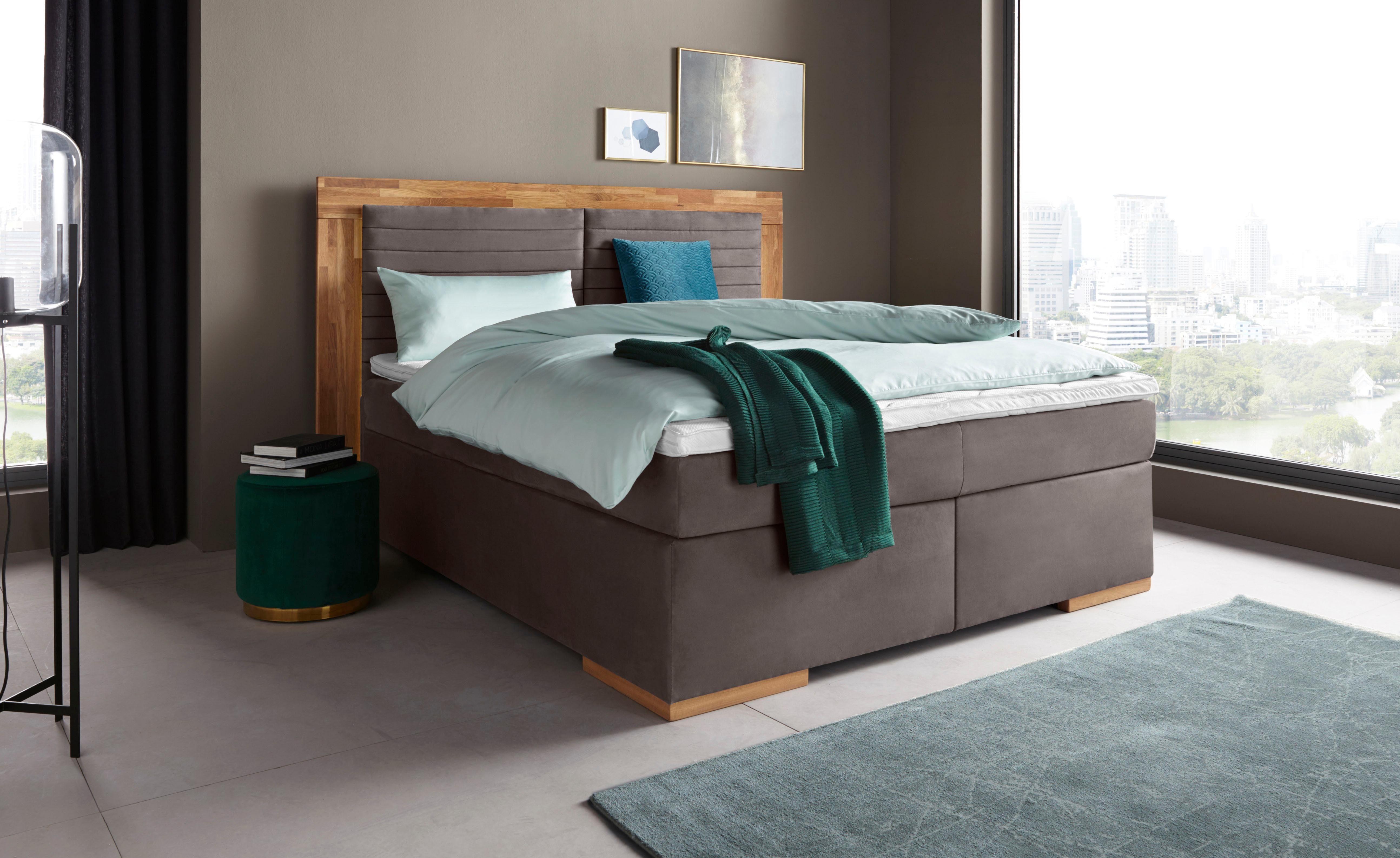 Places of Style Boxspring Cup met massief houten frame, met topmatras, in 2 hardheden, in 3 breedten boxsprings maat Luxe-microvezel grijs