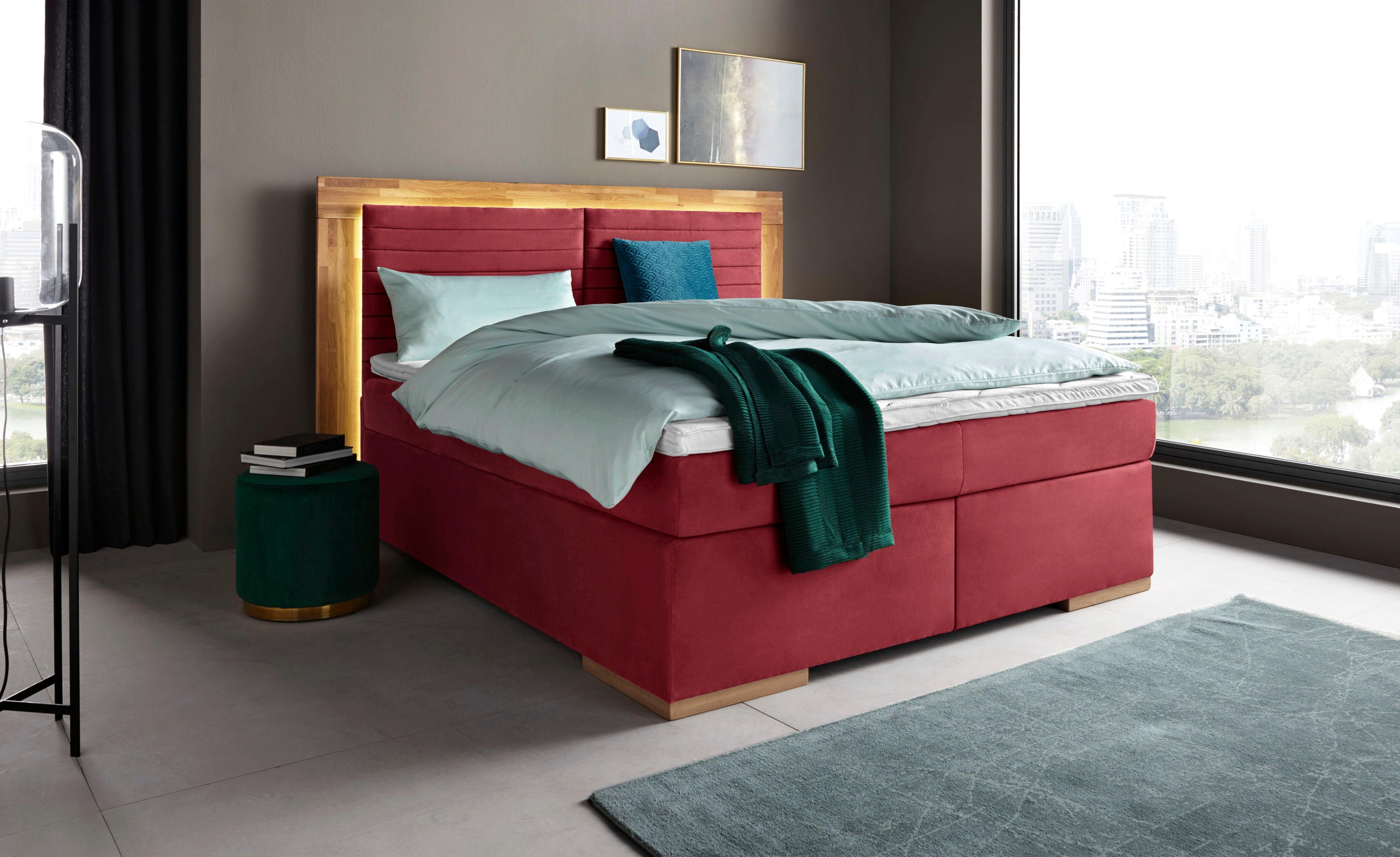 Places of Style Boxspring Cup met ledverlichting, massief houten lijst en topmatras, in 2 hardheden