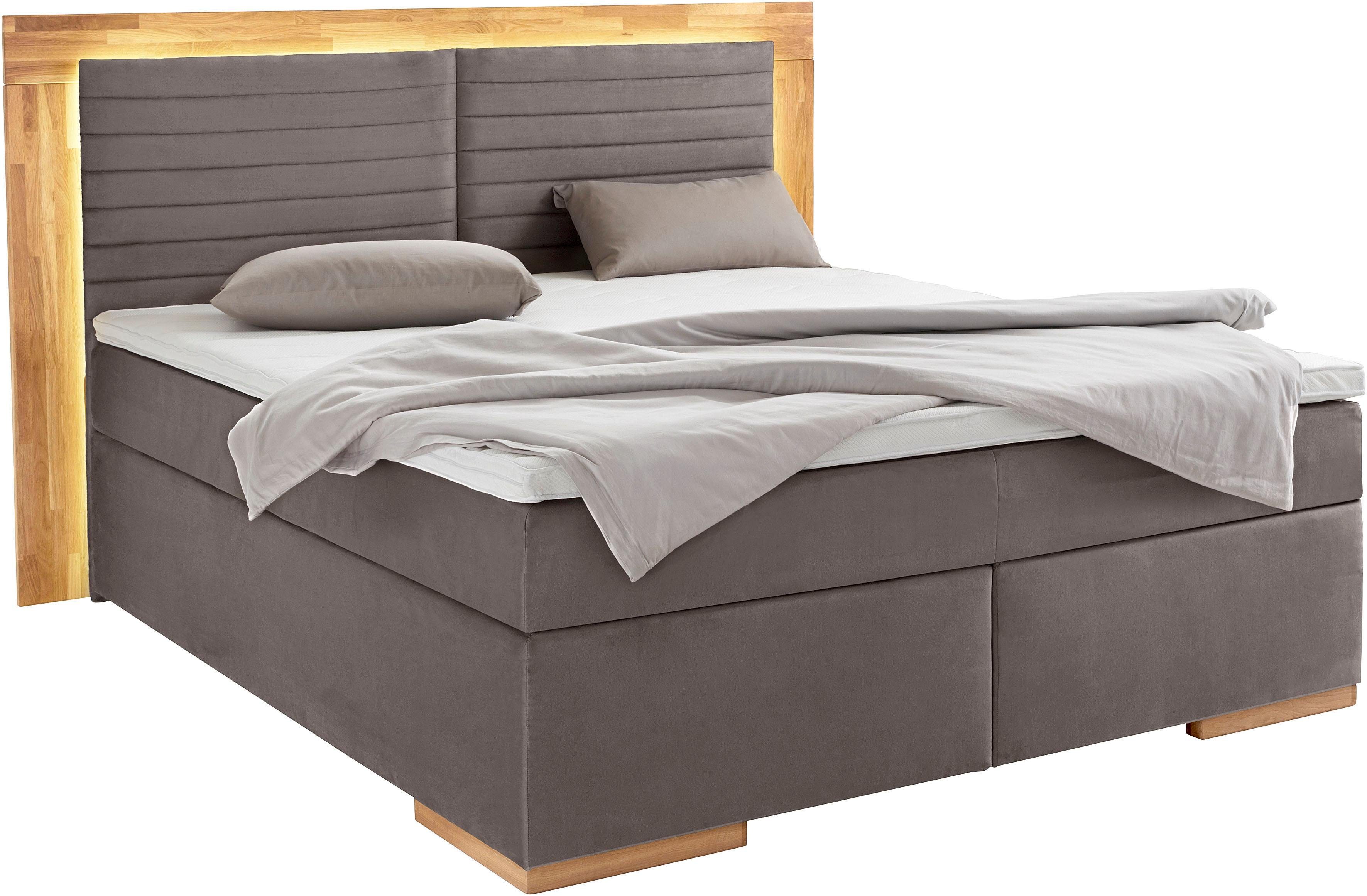 Places of Style Boxspring Cup met ledverlichting, massief houten lijst en topmatras, in 2 hardheden
