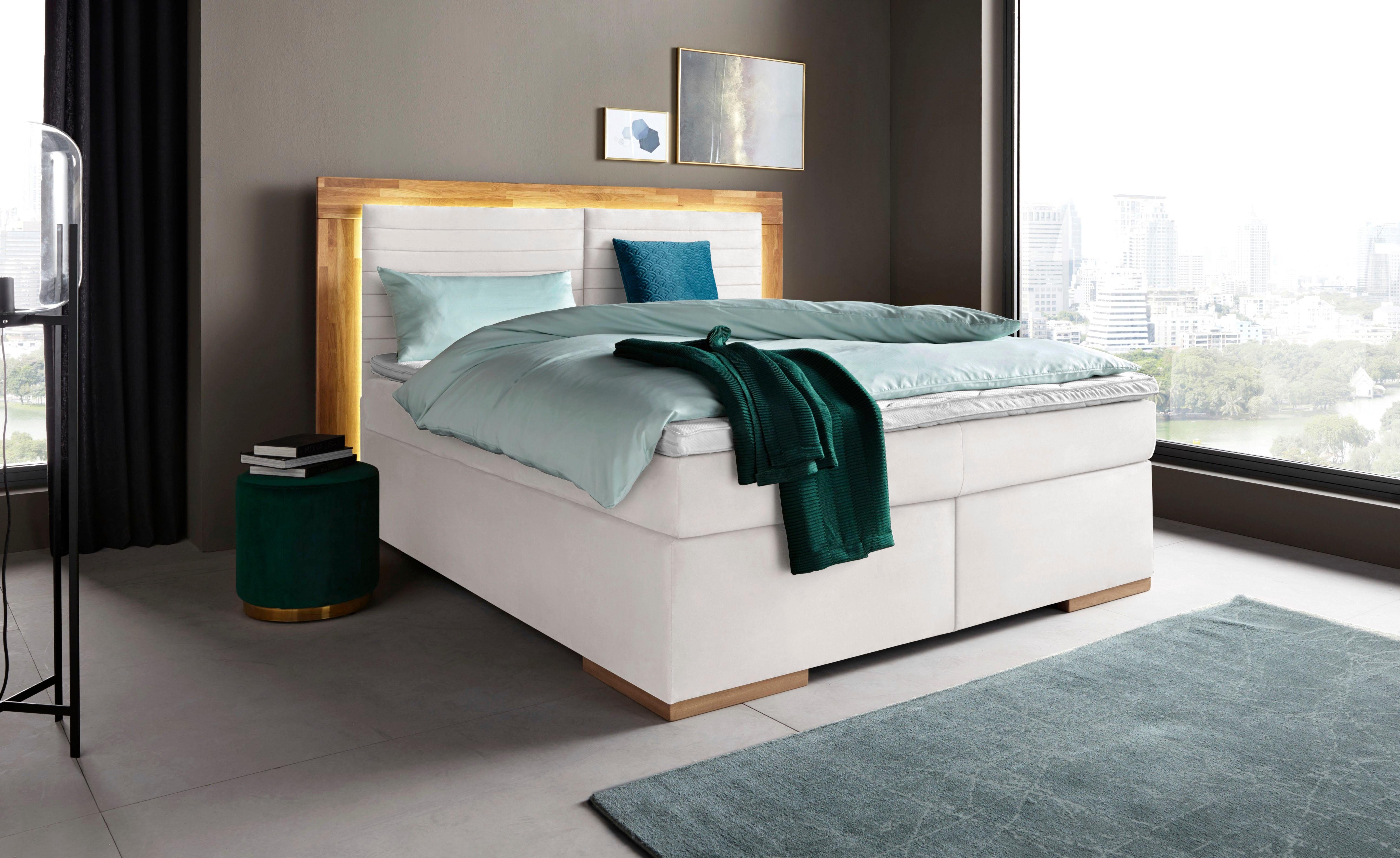 Places of Style Boxspring Cup met ledverlichting, massief houten lijst en topmatras, in 2 hardheden boxsprings maat Luxe-microvezel wit