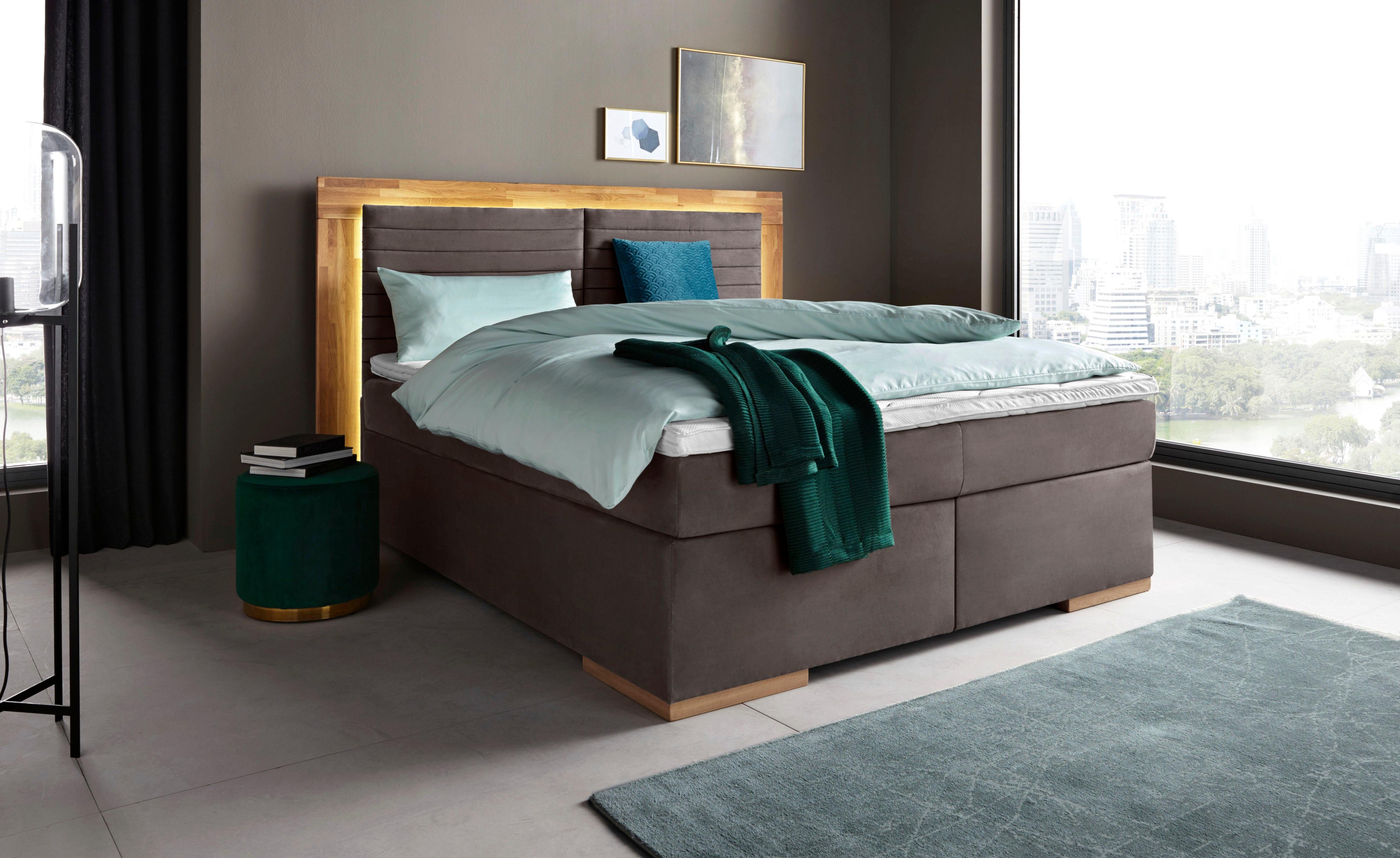 Places of Style Boxspring Cup met ledverlichting, massief houten lijst en topmatras, in 2 hardheden