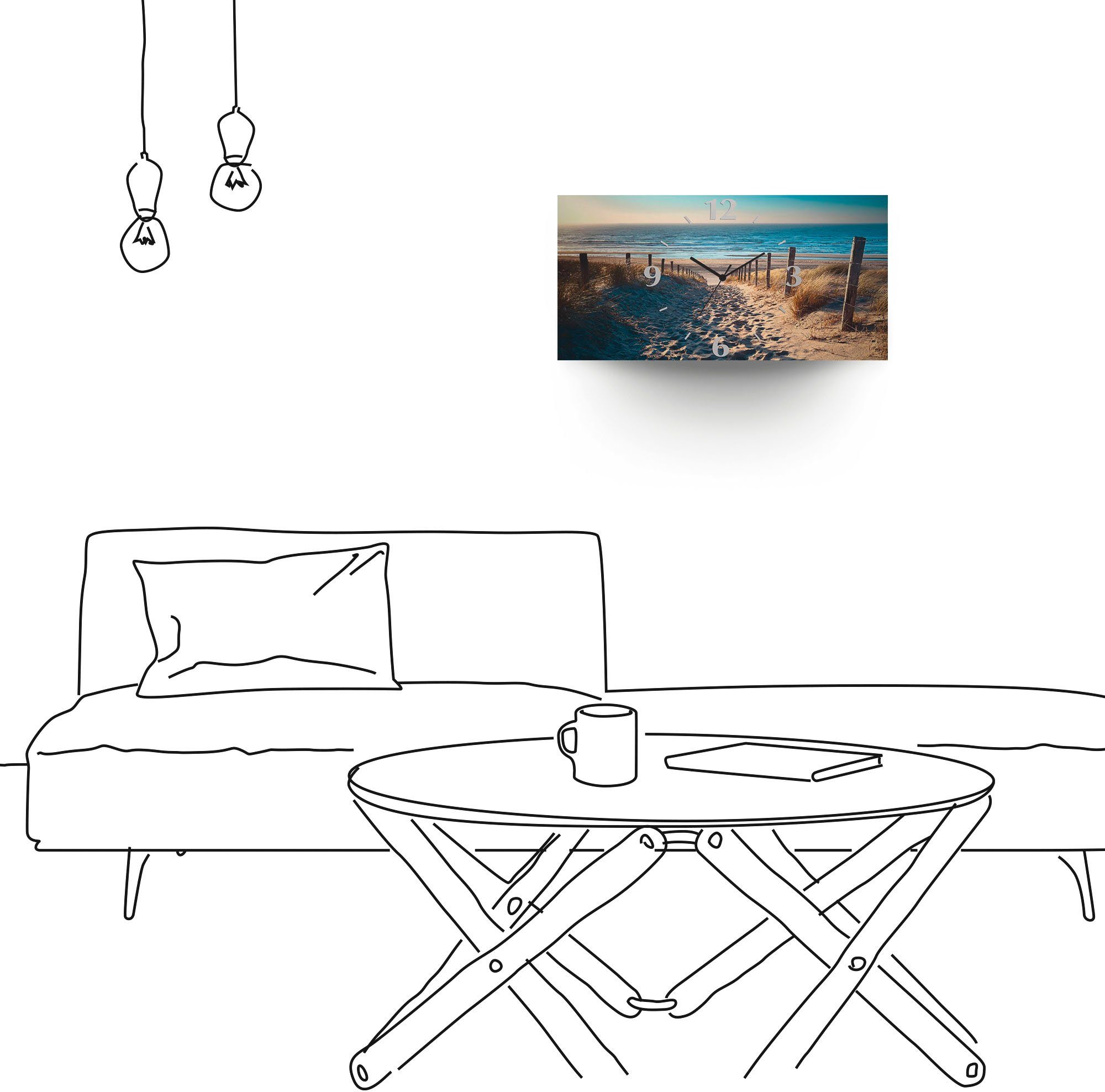 Artland Wandklok Weg naar het Noordzeestrand zonsondergang 3d-look geschulpt, met kwarts- of radiografisch uurwerk, verschillende maten