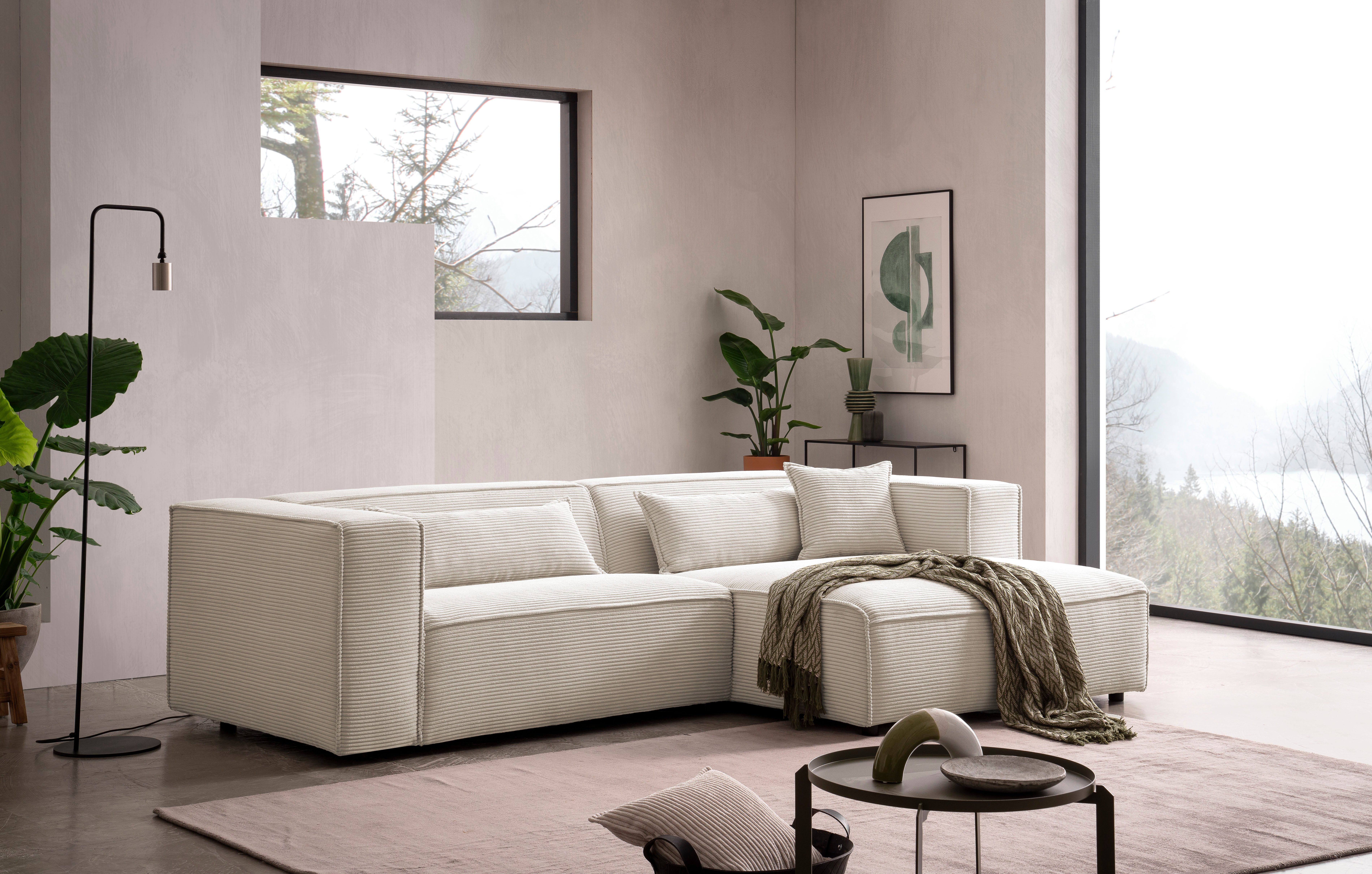 LeGer Home by Lena Gercke Hoekbank PIARA met biesnaad in cord of linnenlook, moderne bank in L-vorm keuze ottomaan rechts/links, zwarte voeten, comfortabel zitcomfort
