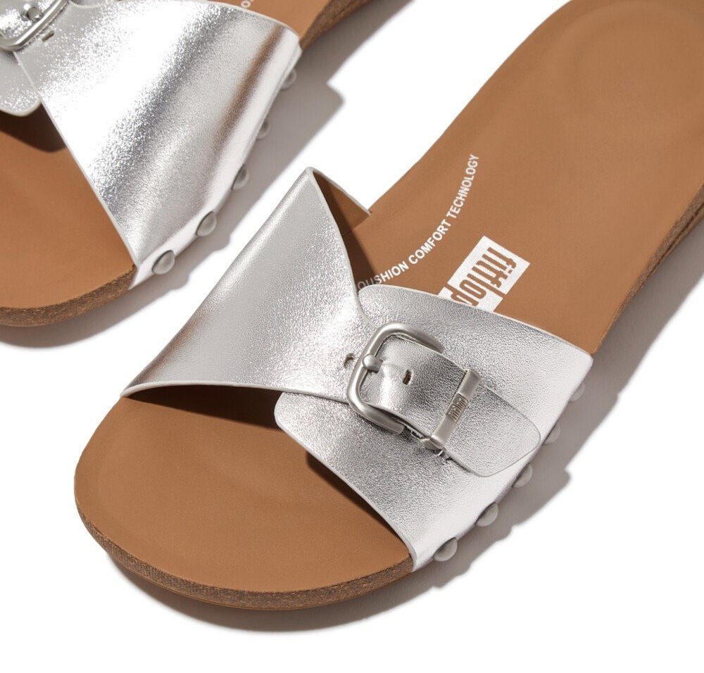 Fitflop Slippers IQUSHION ADJUSTABLE BUCKLE METALLIC-LEATHER SLIDES sleehak, zomerschoen, slippers met verstelbare bandage