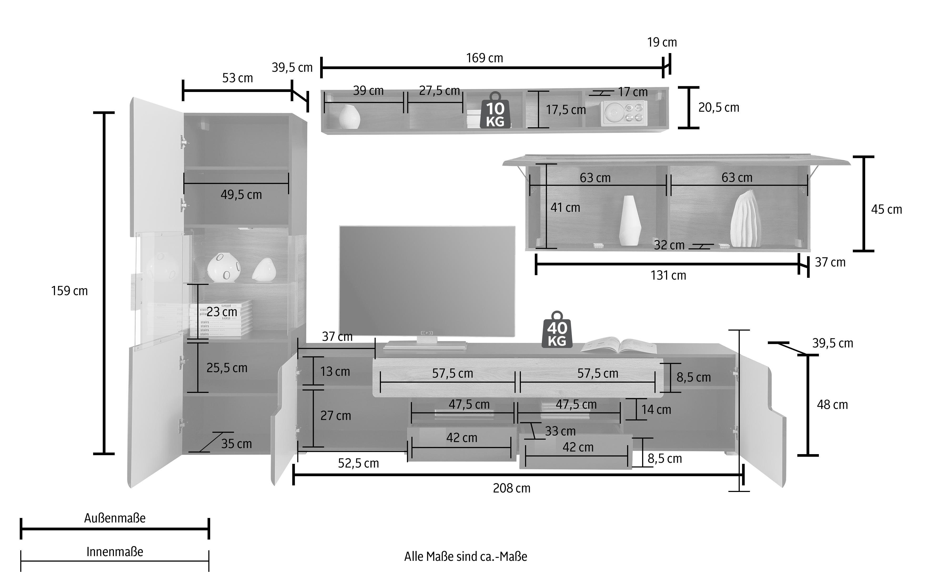 INOSIGN Wandmeubel Toledo, set, 4 stuks, stijlvol mediawandmeubel zonder verlichting Opbouwwand (2x hangvitrine, lowboard, wandplank) MDF hoogglans fronten (set, 4-delig)