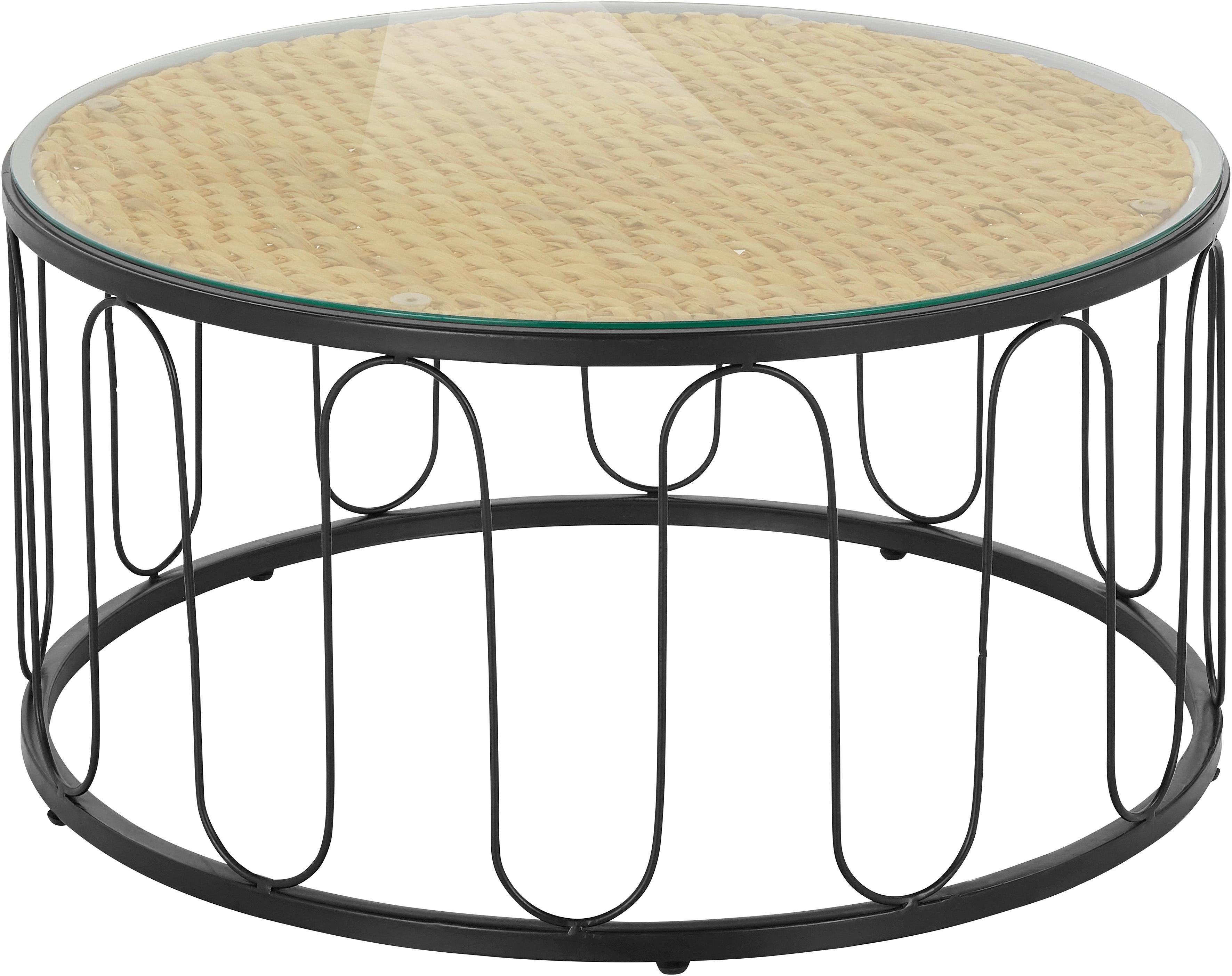Home affaire Salontafel Sudbury gevlochten waterhyacint, zwart metalen frame, diameter 80 cm