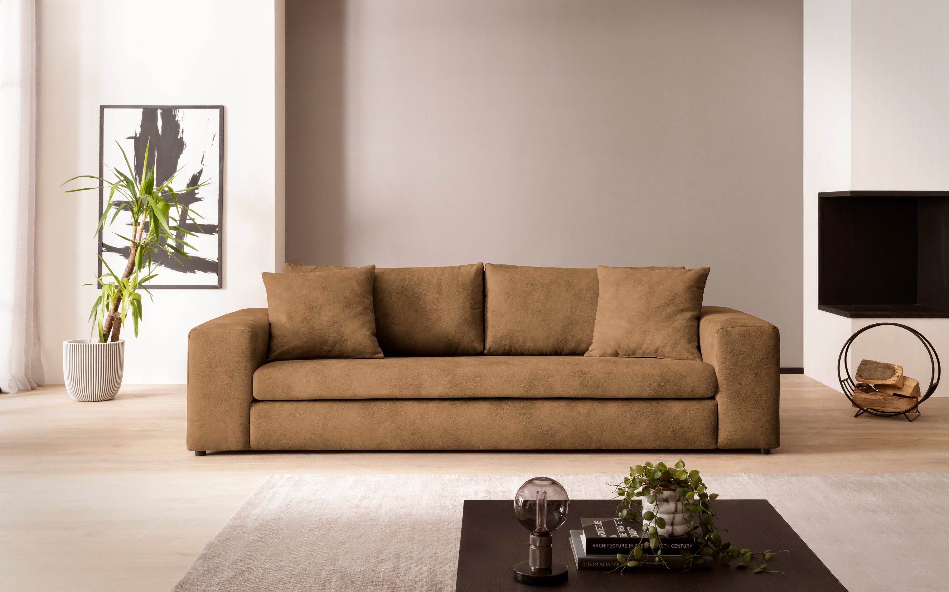 andas 3-zitsbank SLEETLAND XXL in fluweel of vintage lederlook bruin, 3-zitsbanken