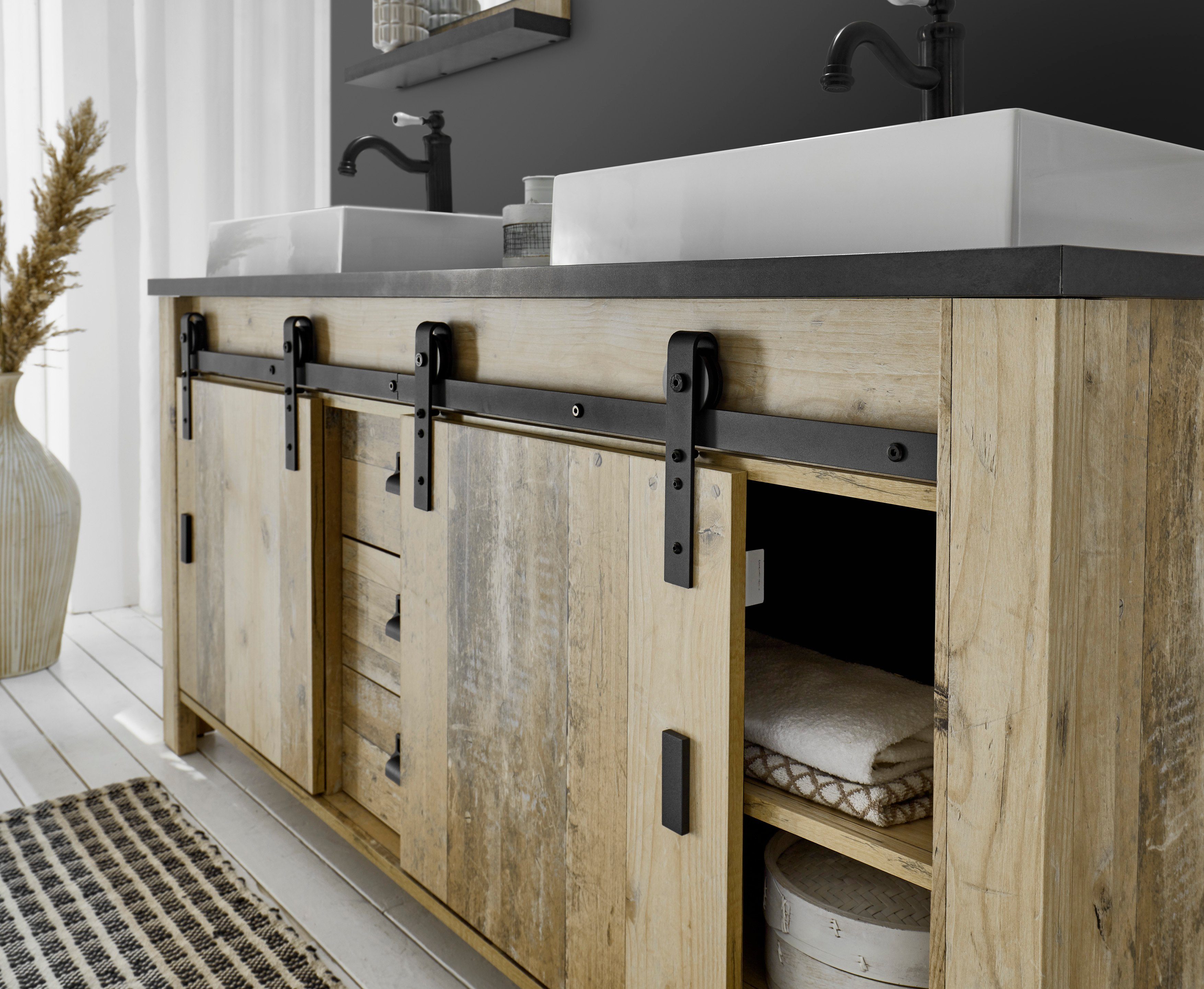 Home affaire Wastafelonderkast Sherwood Hout, schuurdeurbeslag en apothekersgrepen van metaal, hoogte 91 cm (1 stuk)
