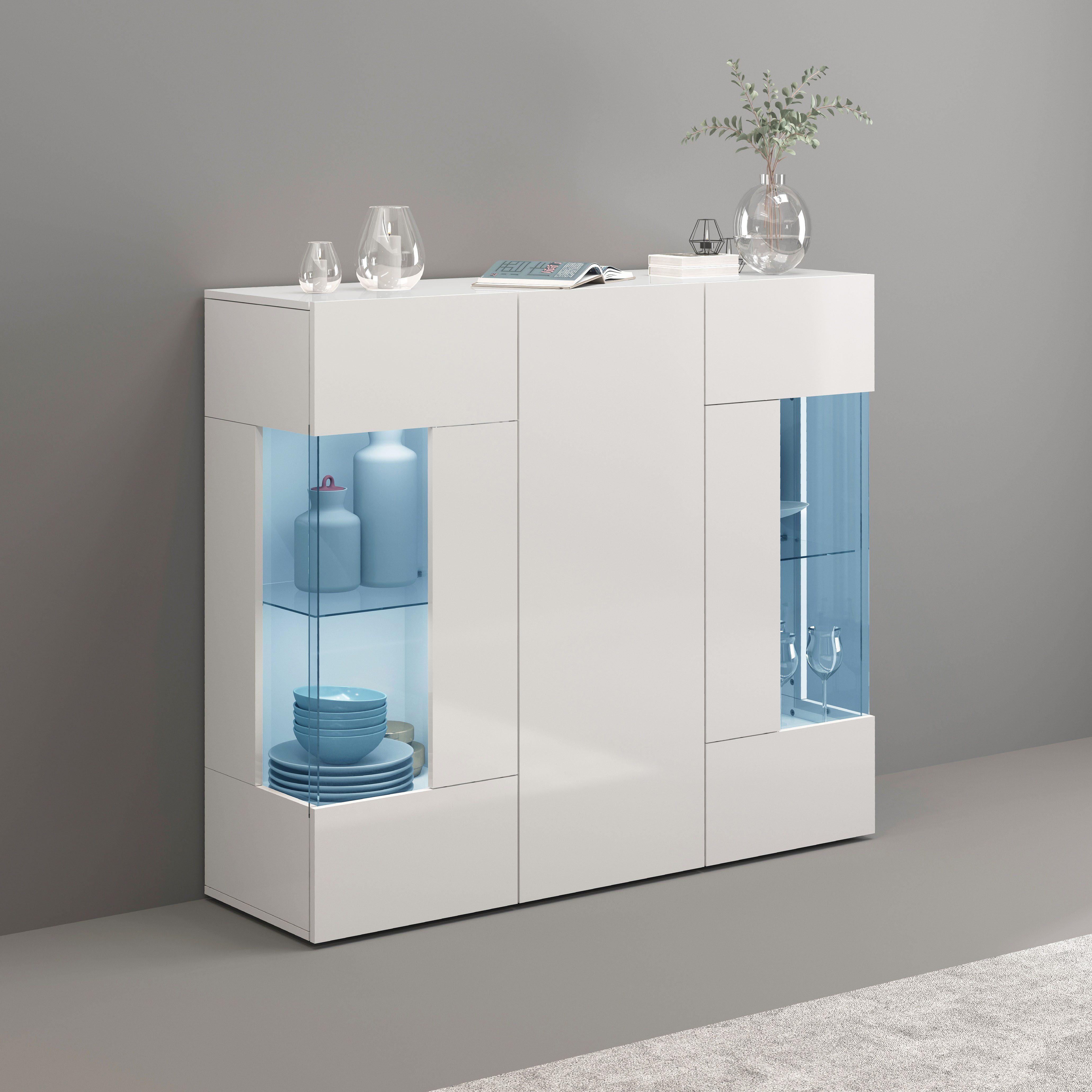 INOSIGN Highboard Egypte, Highboard, Hoge kast, Hoge ladekast, Vitrine met 3 deuren waarvan 2 met glaselement, volledig hoogglans gelakt, breedte 135
