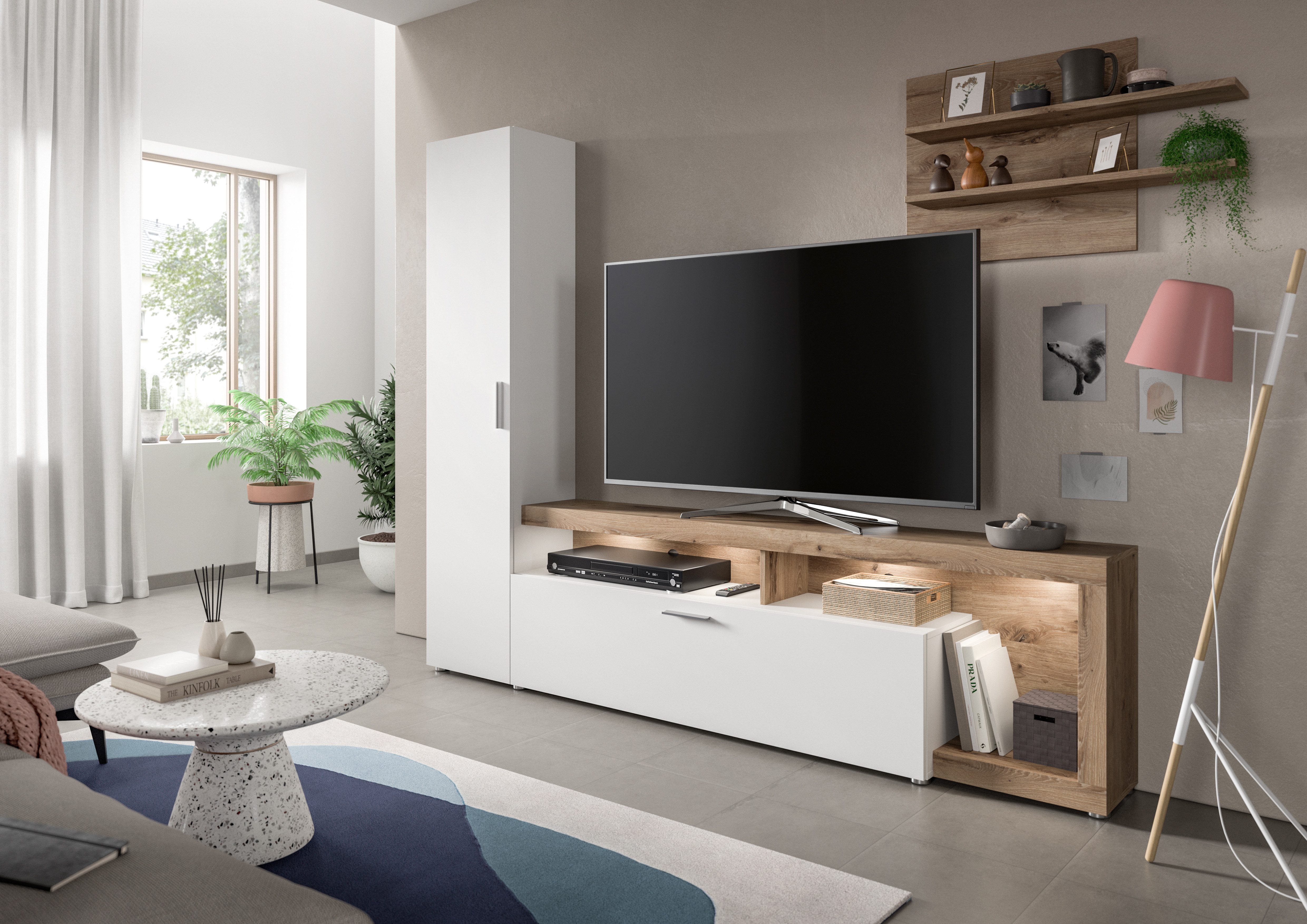 INOSIGN Wandmeubel Kryss, Breedte 218cm, bestaat uit: Hoge kast, Lowboard, Wandplank Woonwand, mediawand, TV-wand, wooncombinatie, combinatie, TV-meubels (3-delig)