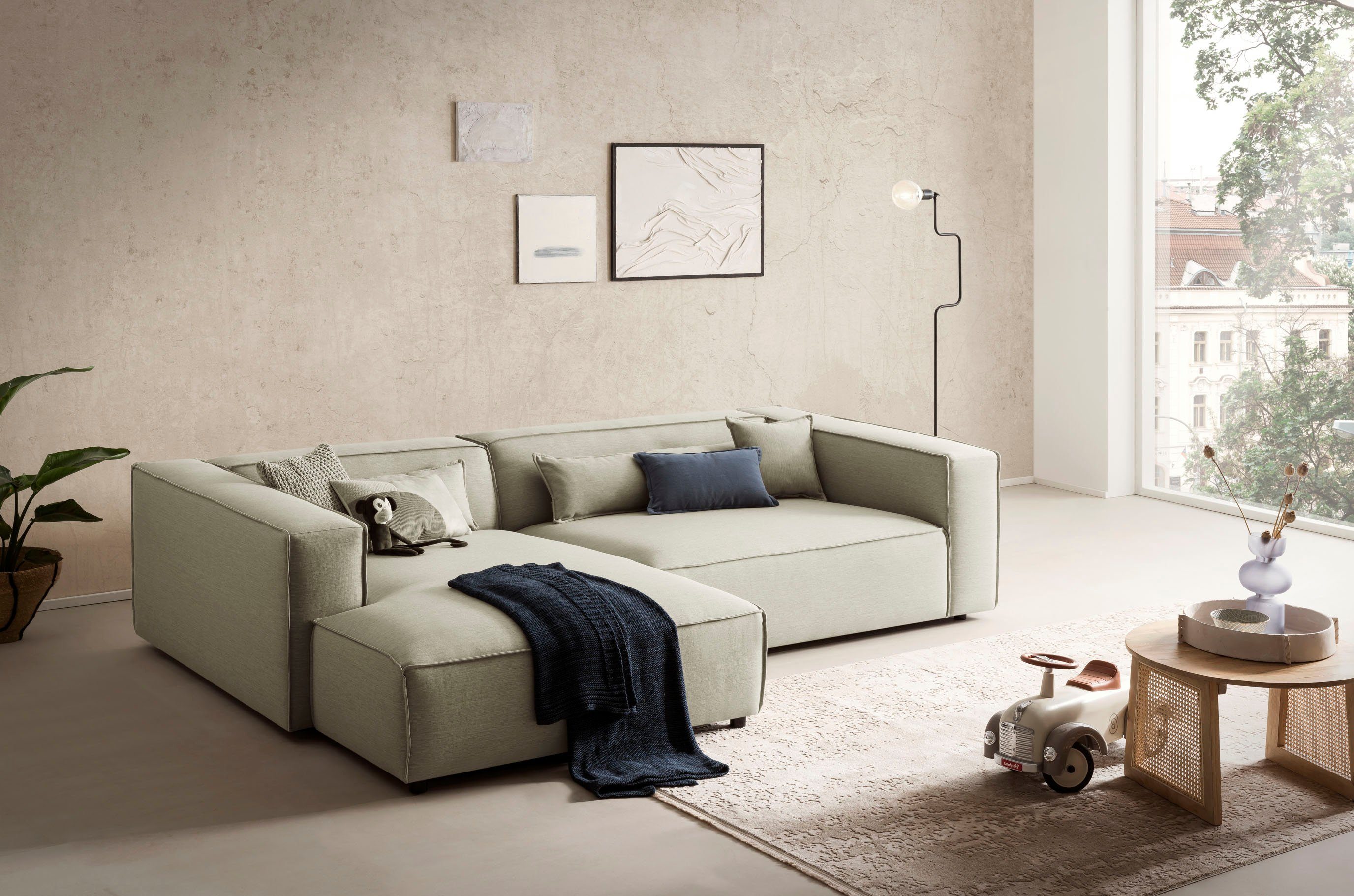 LeGer Home by Lena Gercke Hoekbank PIARA XXL, Big-sofa in cord of linnenlook, L-vorm, met biesnaad
